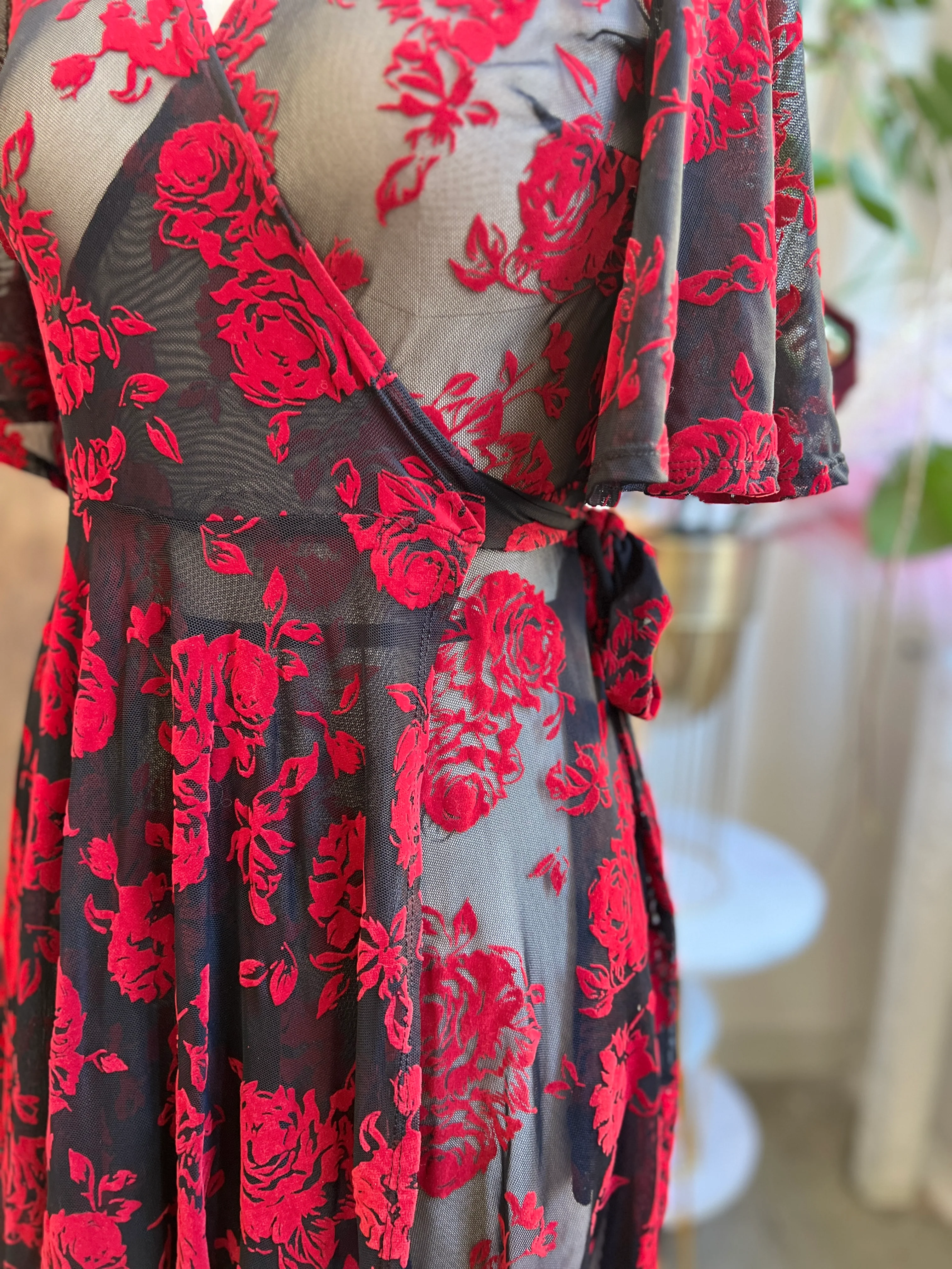*PRE ORDER* Aurora Wrap Dress in Flocked Red Roses - Image 3