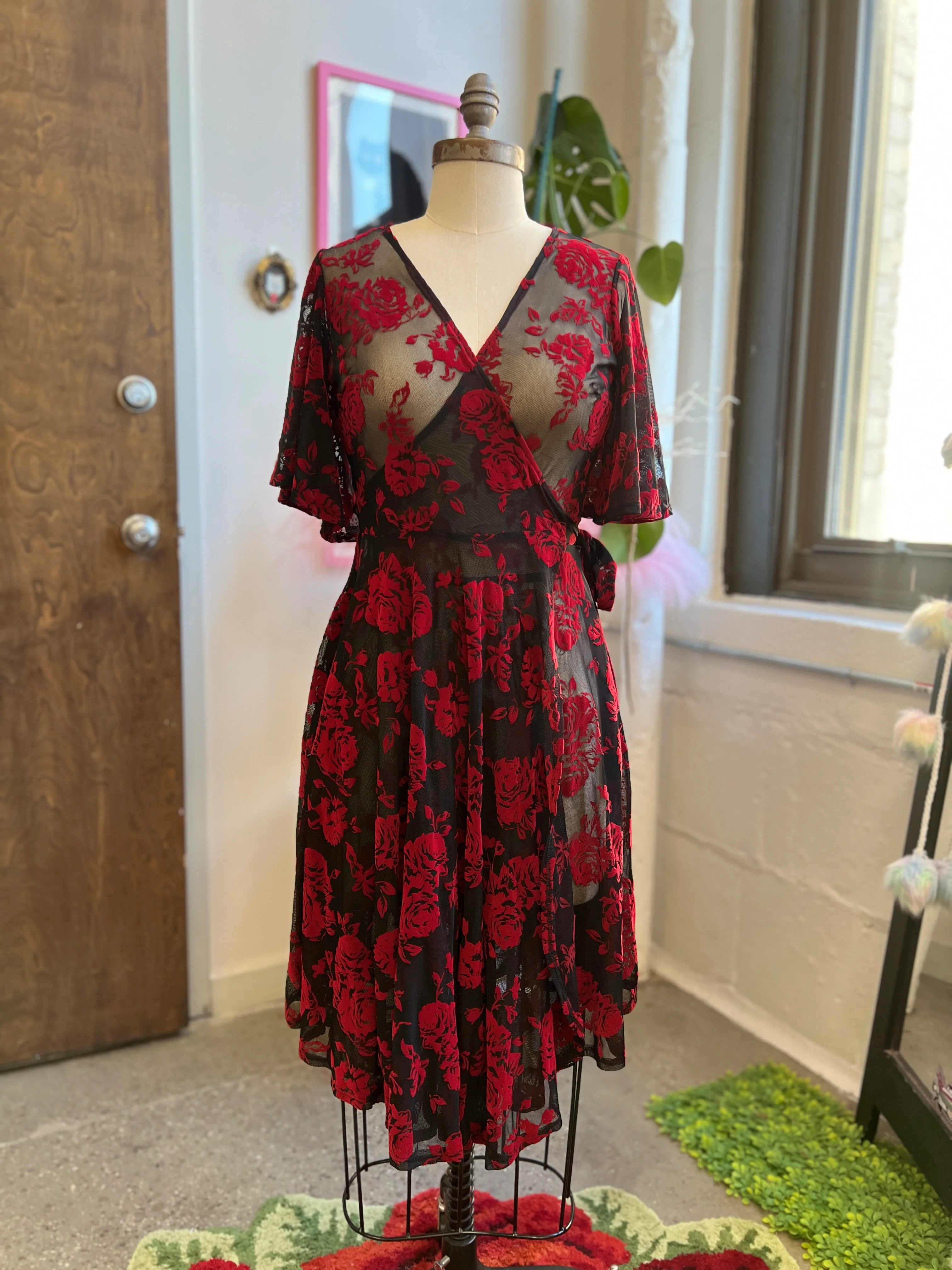 *PRE ORDER* Aurora Wrap Dress in Flocked Red Roses - Image 4