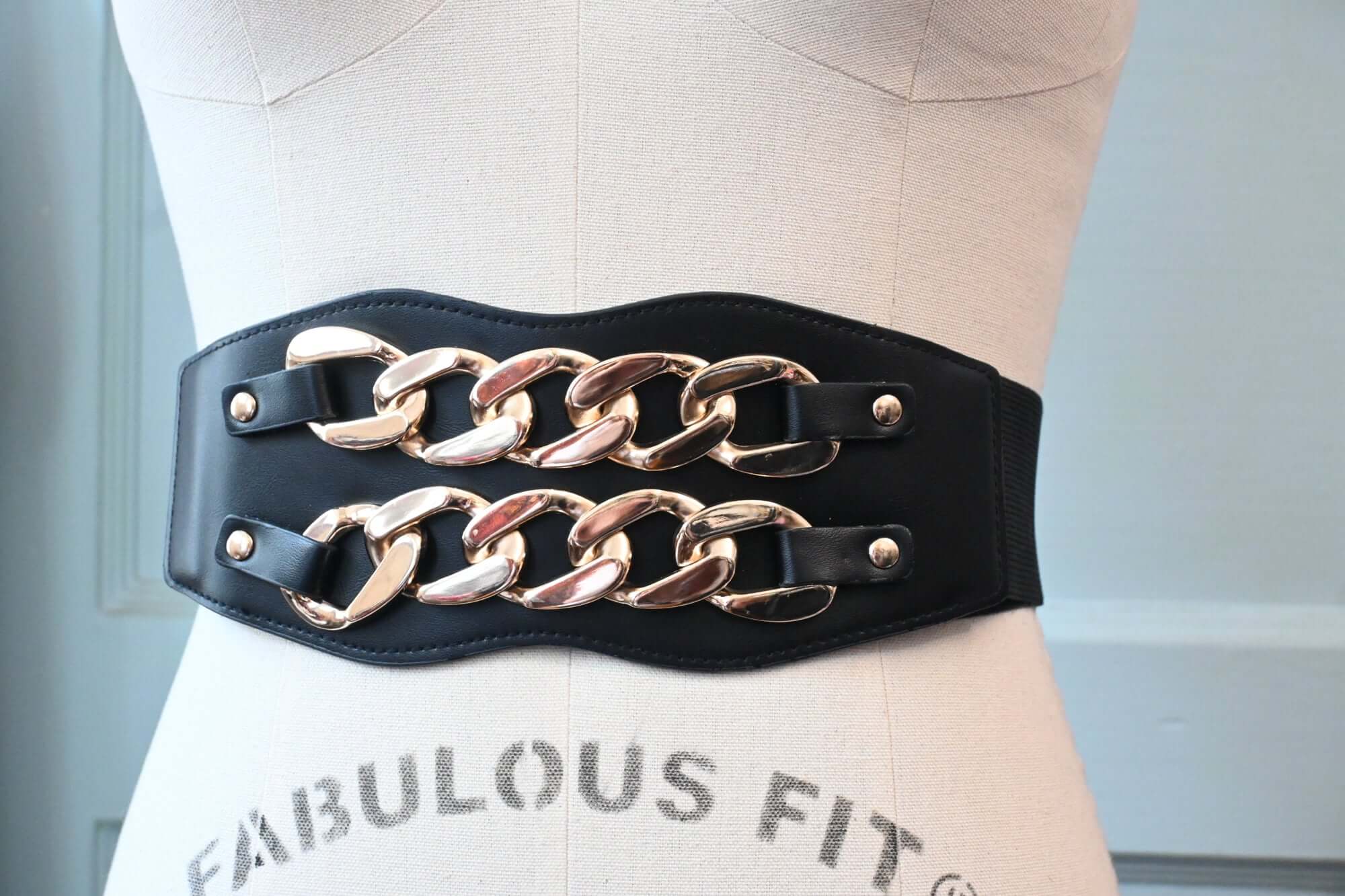 Black Elastic and Faux Leather Belt/Waist Cincher with Gold Chains - Image 2