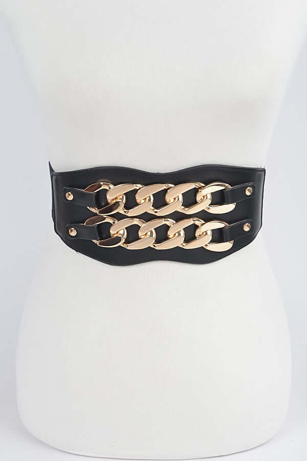 Black Elastic and Faux Leather Belt/Waist Cincher with Gold Chains - Image 5
