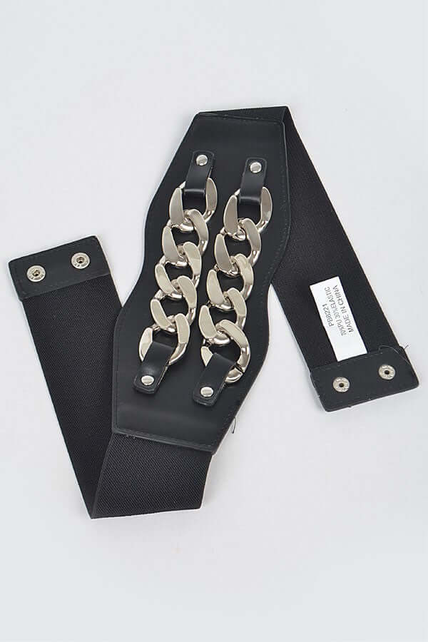 Black Elastic and Faux Leather Belt/Waist Cincher with Silver Chains - Image 2