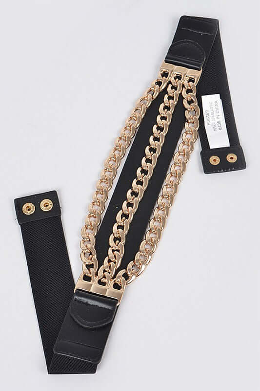 Black Elastic and Faux Leather Belt with triple chains - Image 6