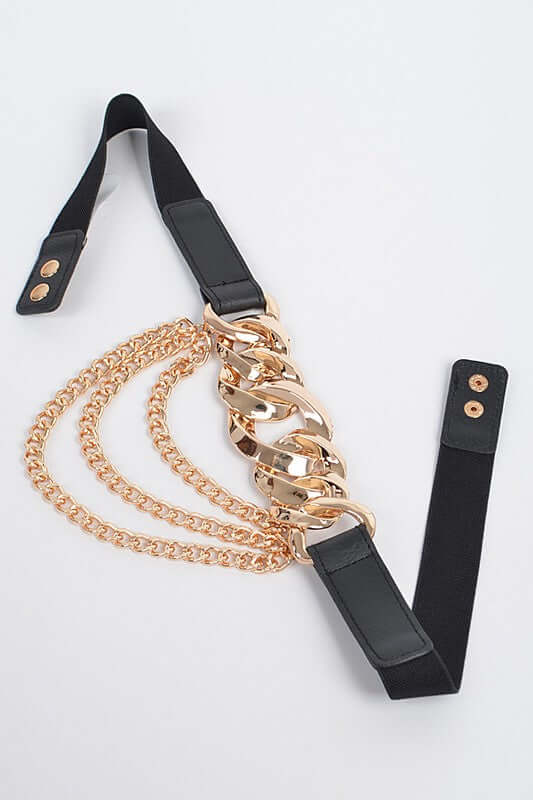 Black elastic belt with faux leather and gold chain detail - Image 4