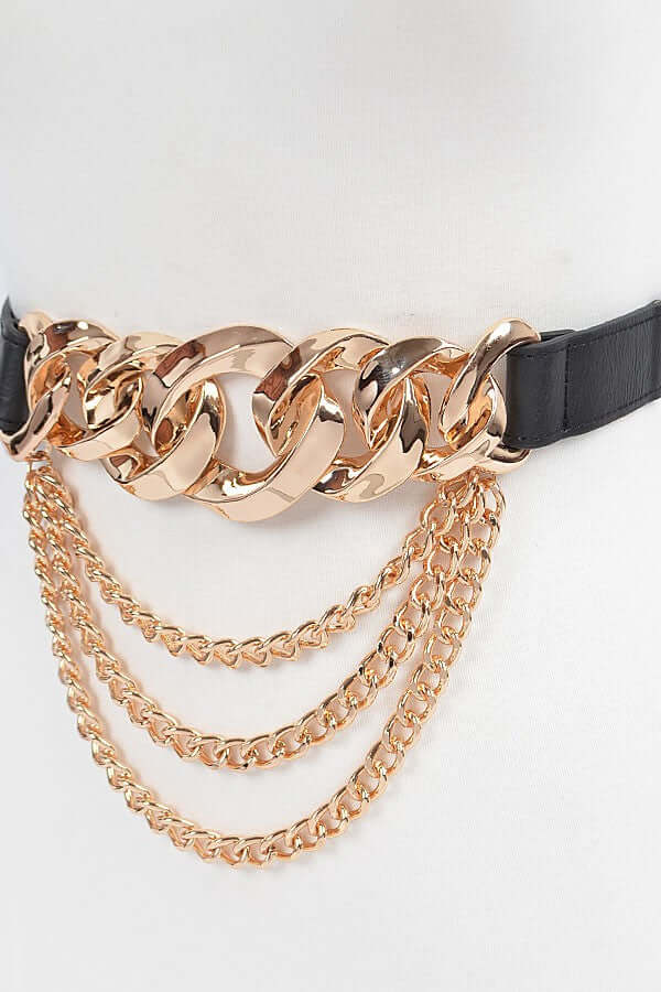Black elastic belt with faux leather and gold chain detail - Image 5