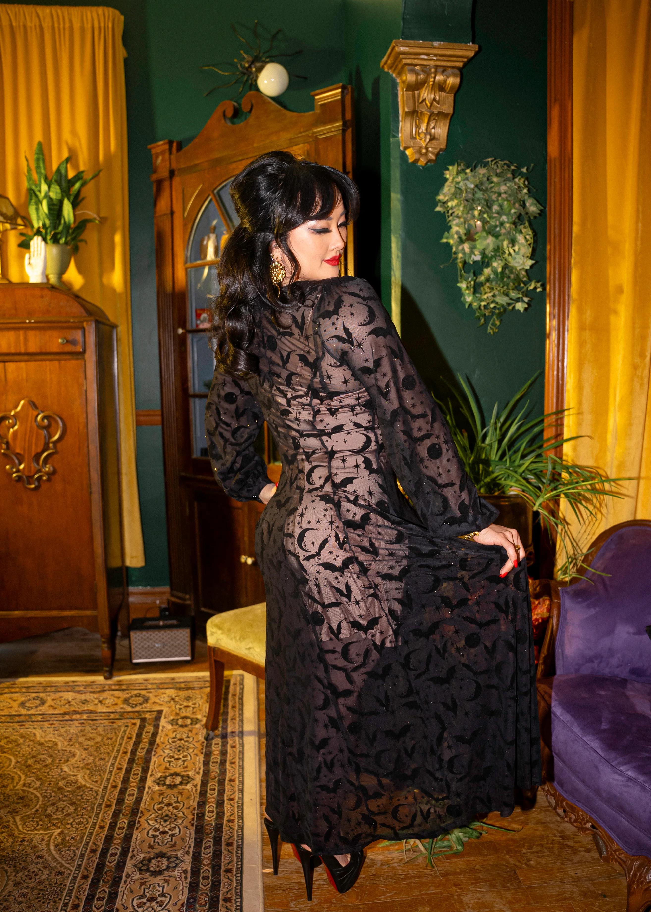 Black Penny Maxi dress with in Queen of Halloween Sparkle Flocked Mesh - Image 2