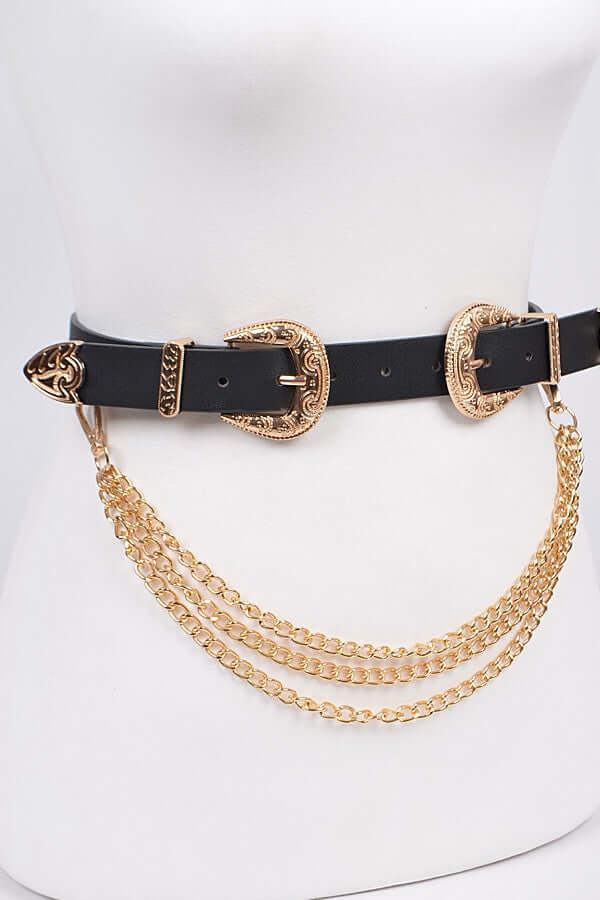 Black Western-style faux leather belt with Gold layered chains - Image 3