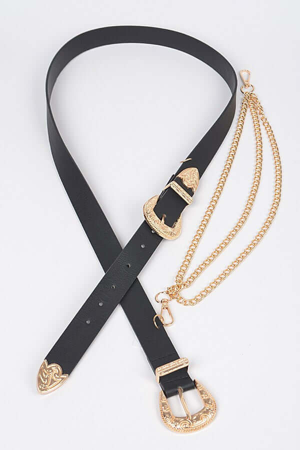 Black Western-style faux leather belt with Gold layered chains - Image 4