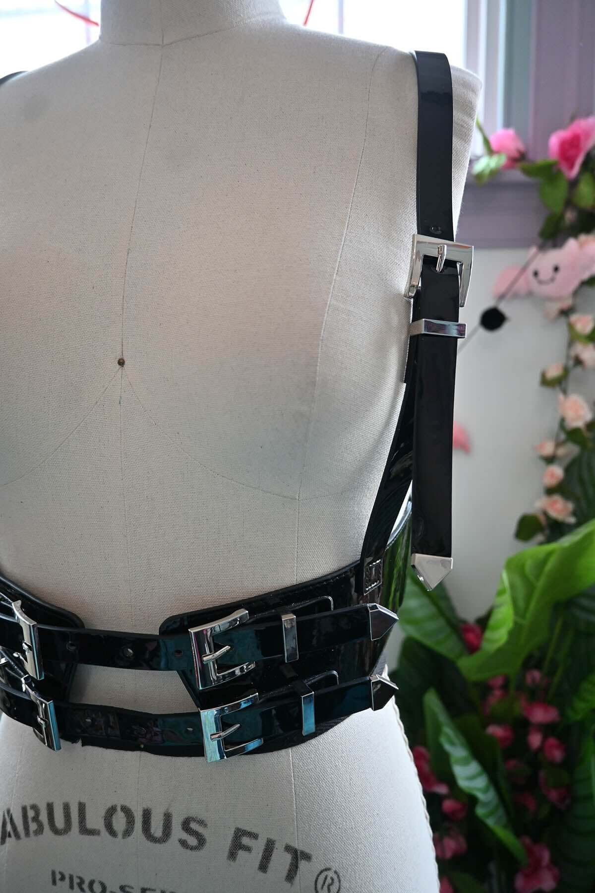 Glossy Faux Leather Harness with Metallic Buckle Details - Image 3