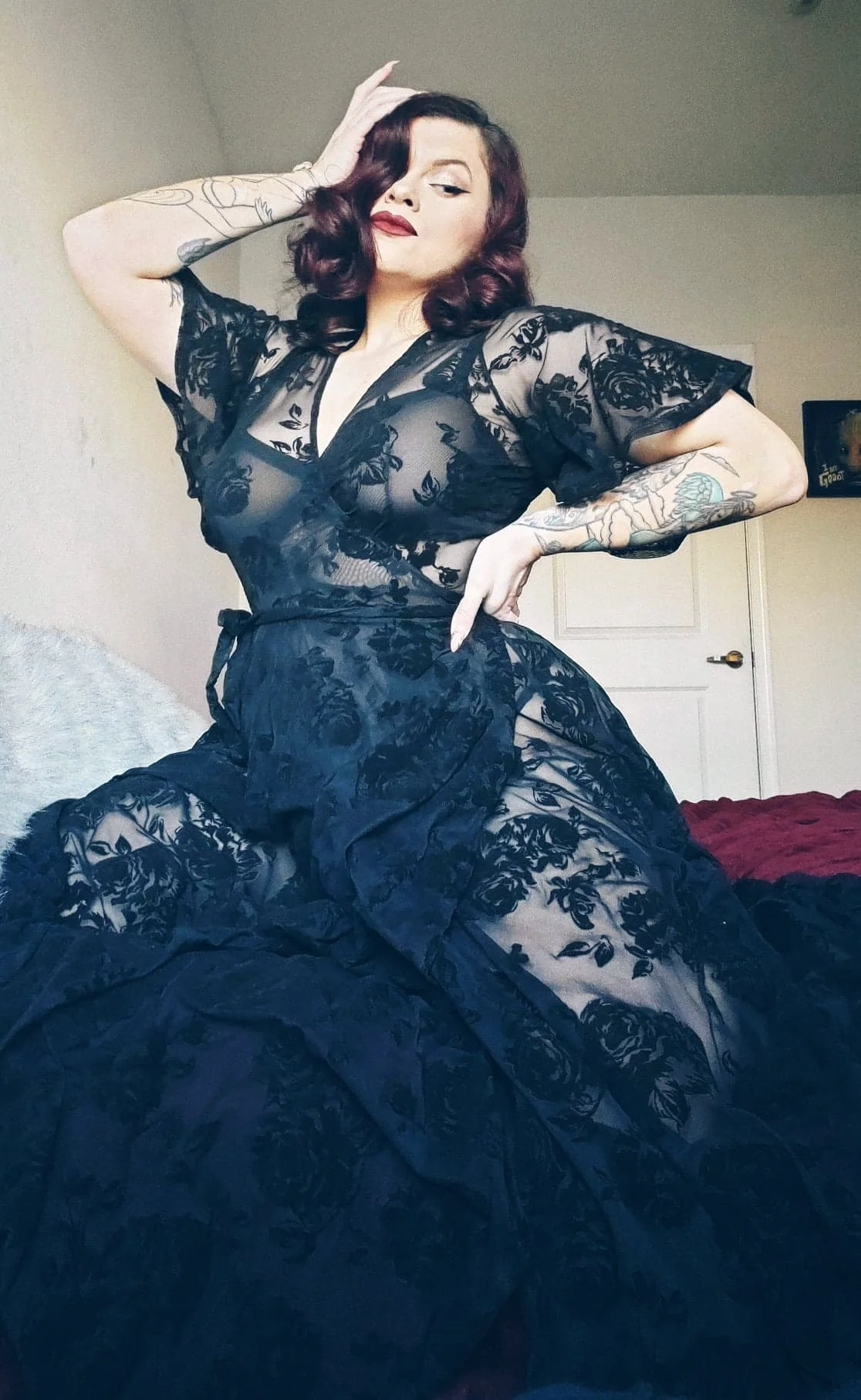 Lydia Wrap Dress in Flocked Rose Black Mesh - Image 3
