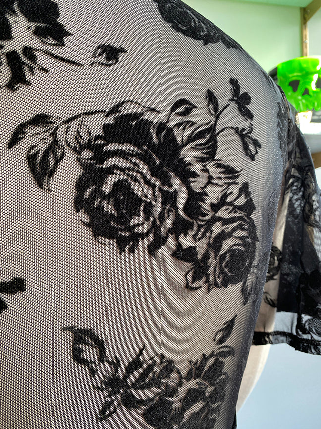 Lydia Wrap Dress in Flocked Rose Black Mesh - Image 5