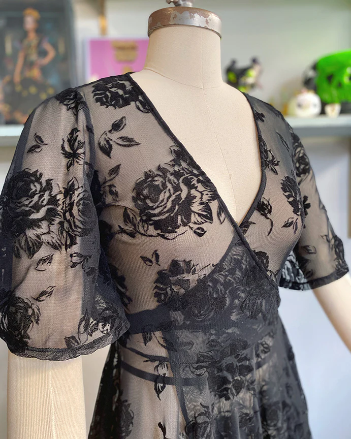Lydia Wrap Dress in Flocked Rose Black Mesh - Image 6