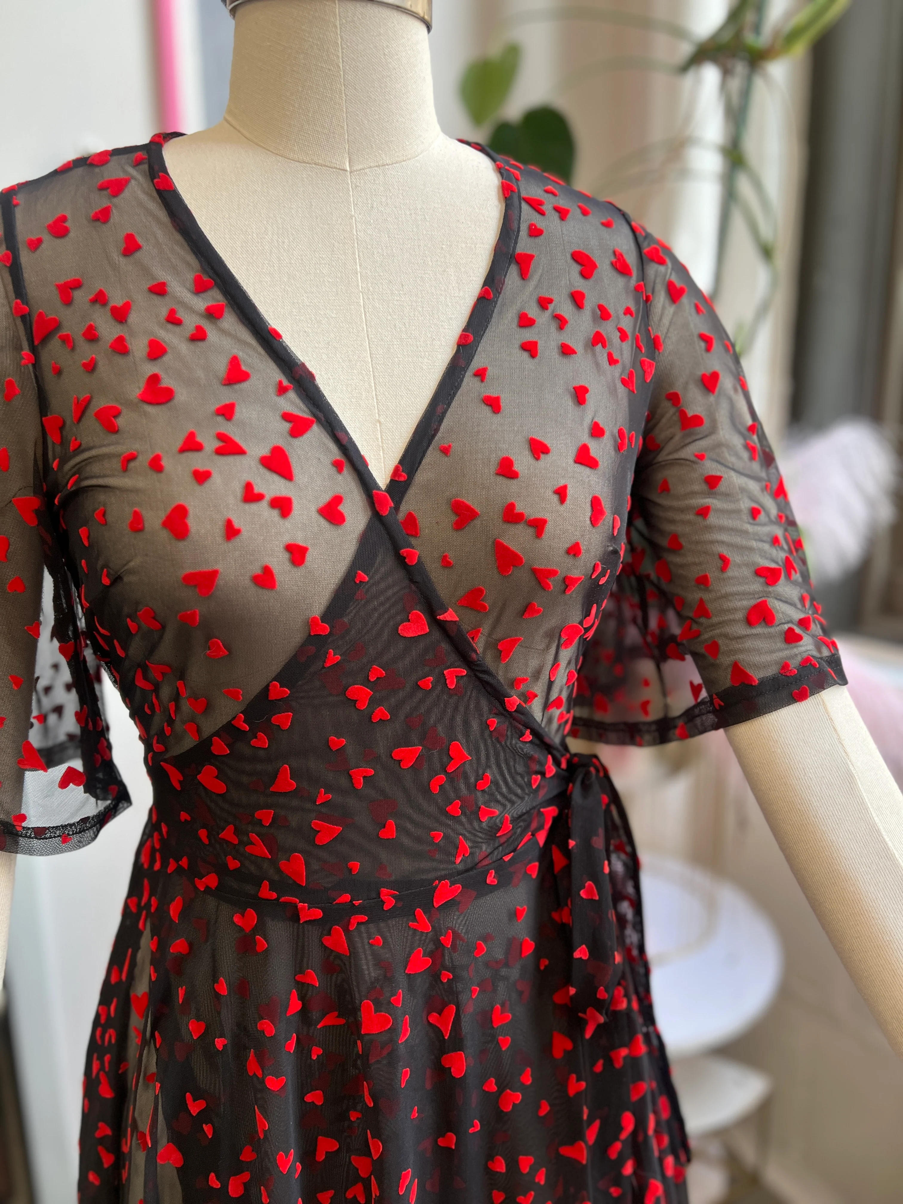 Lydia Wrap Dress in Black Queen of Hearts flocked mesh - Image 2
