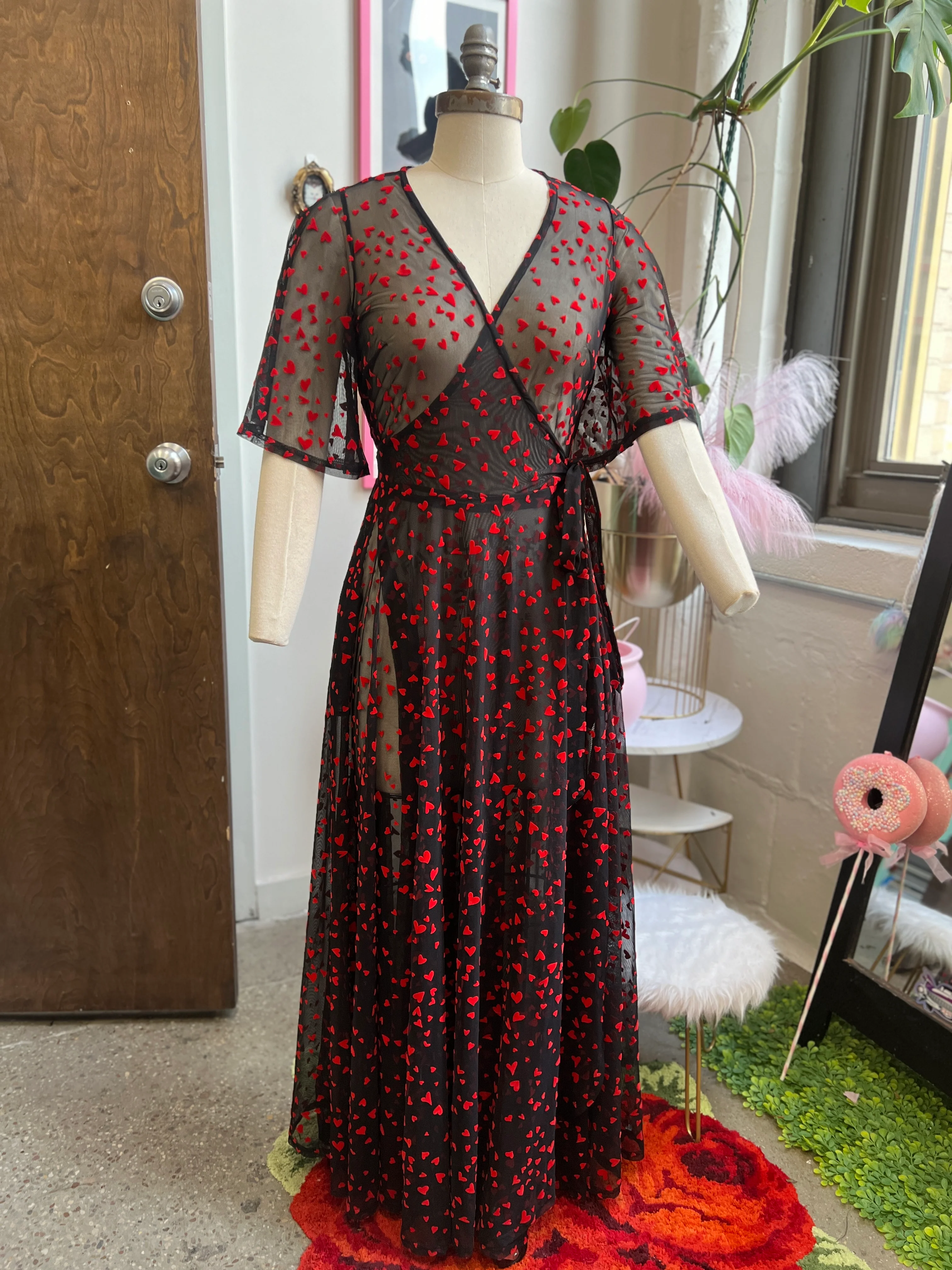 Lydia Wrap Dress in Black Queen of Hearts flocked mesh - Image 3