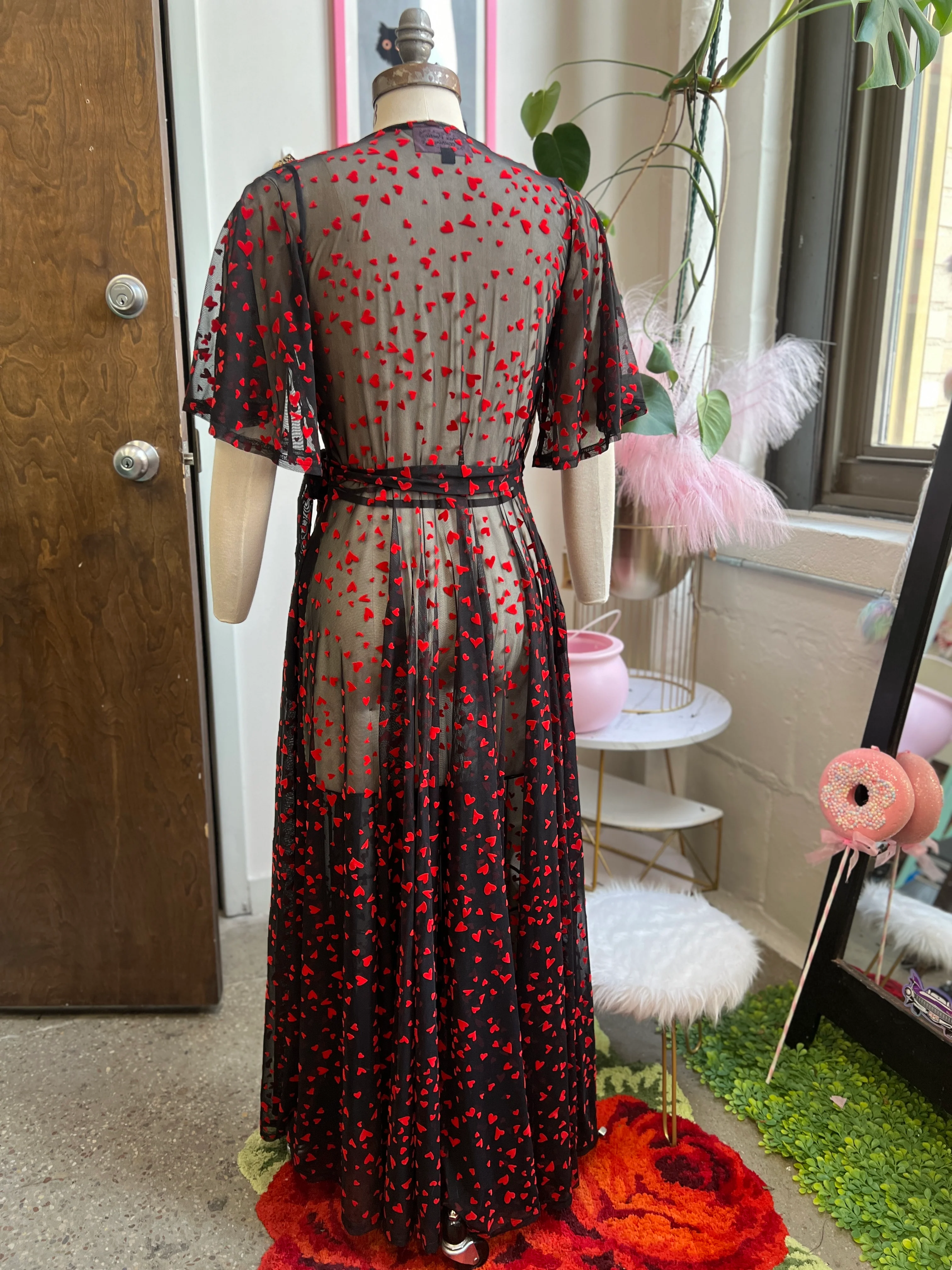 Lydia Wrap Dress in Black Queen of Hearts flocked mesh - Image 5