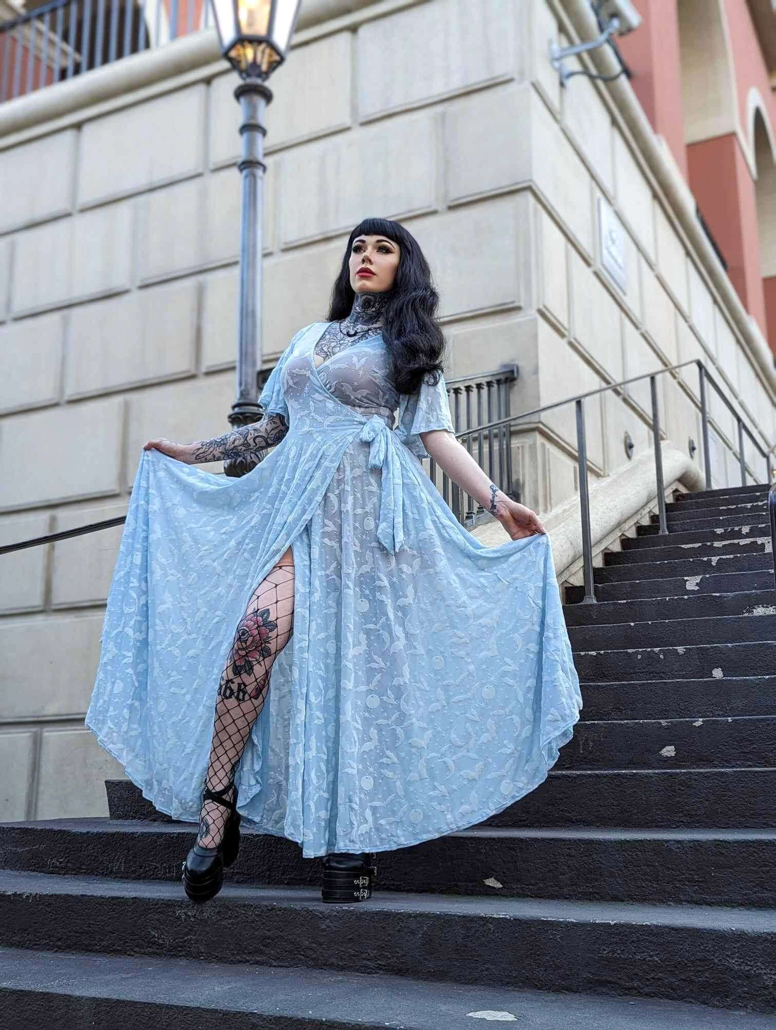 Lydia wrap dress in Ice Queen of Halloween Flocked Mesh - Image 2