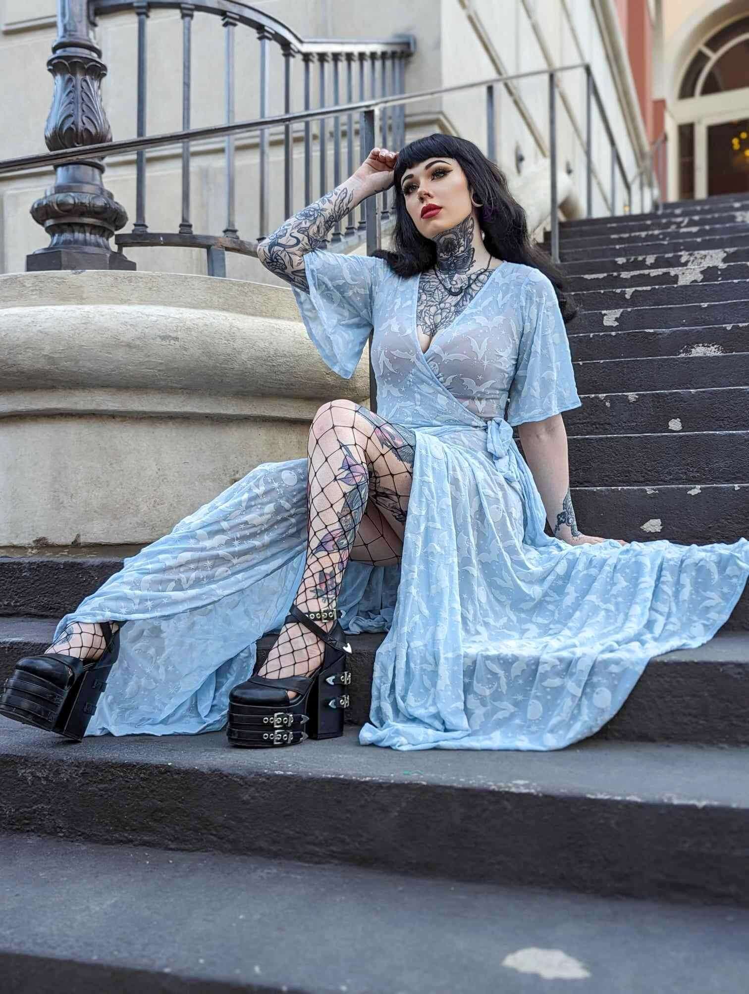 Lydia wrap dress in Ice Queen of Halloween Flocked Mesh - Image 5