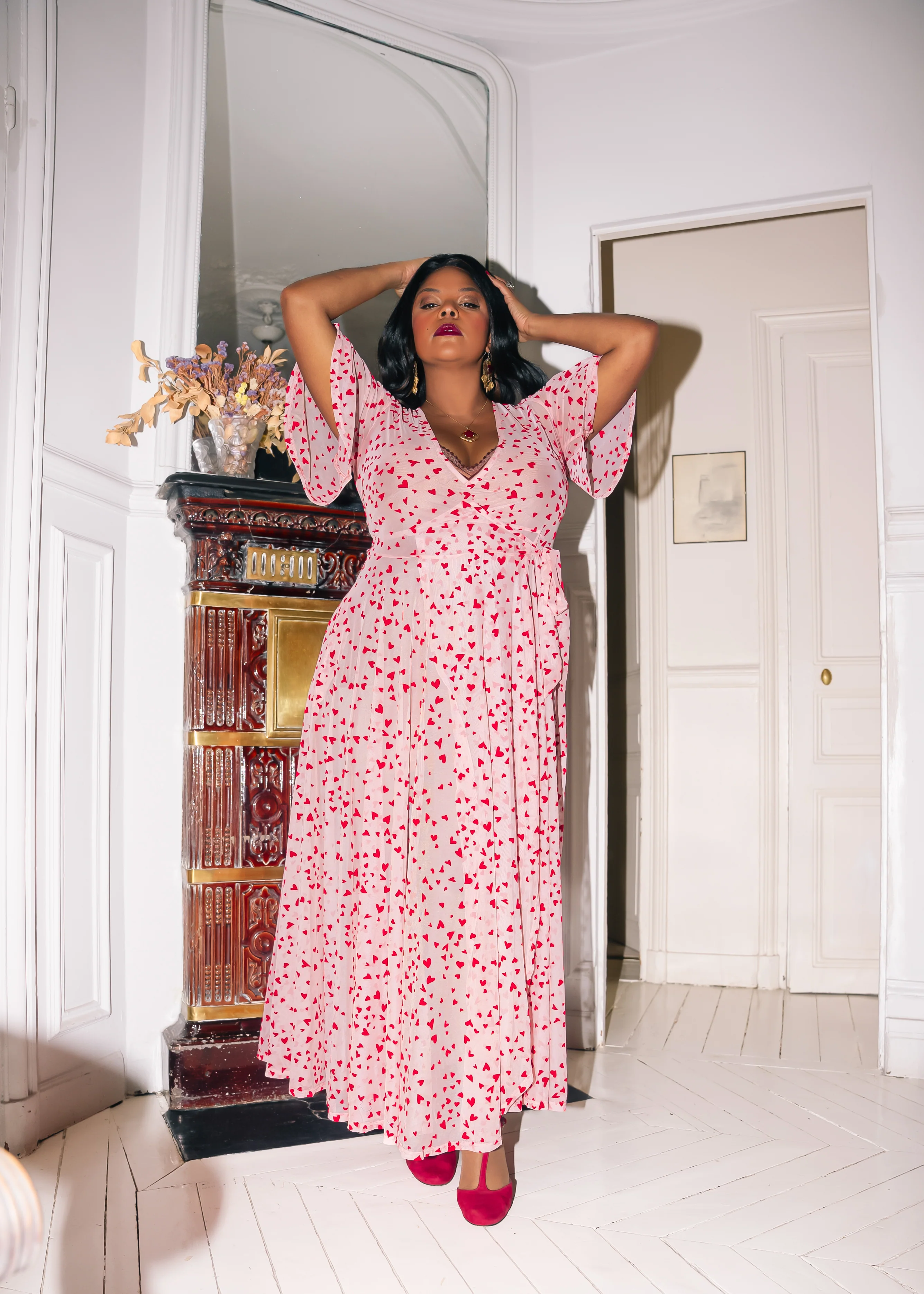 Lydia Wrap Dress in Pink Queen of Hearts flocked mesh - Image 2