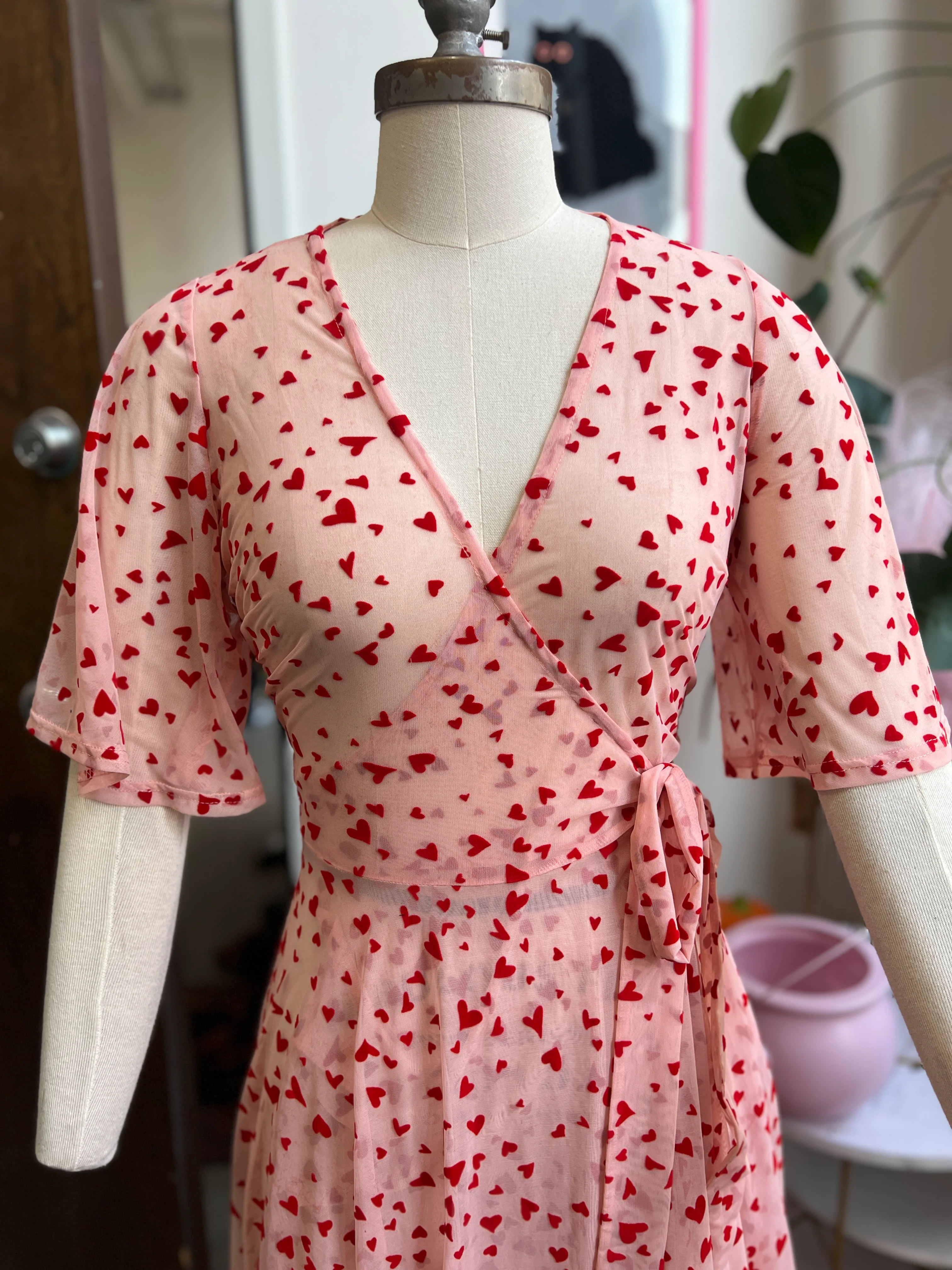 Lydia Wrap Dress in Pink Queen of Hearts flocked mesh - Image 3