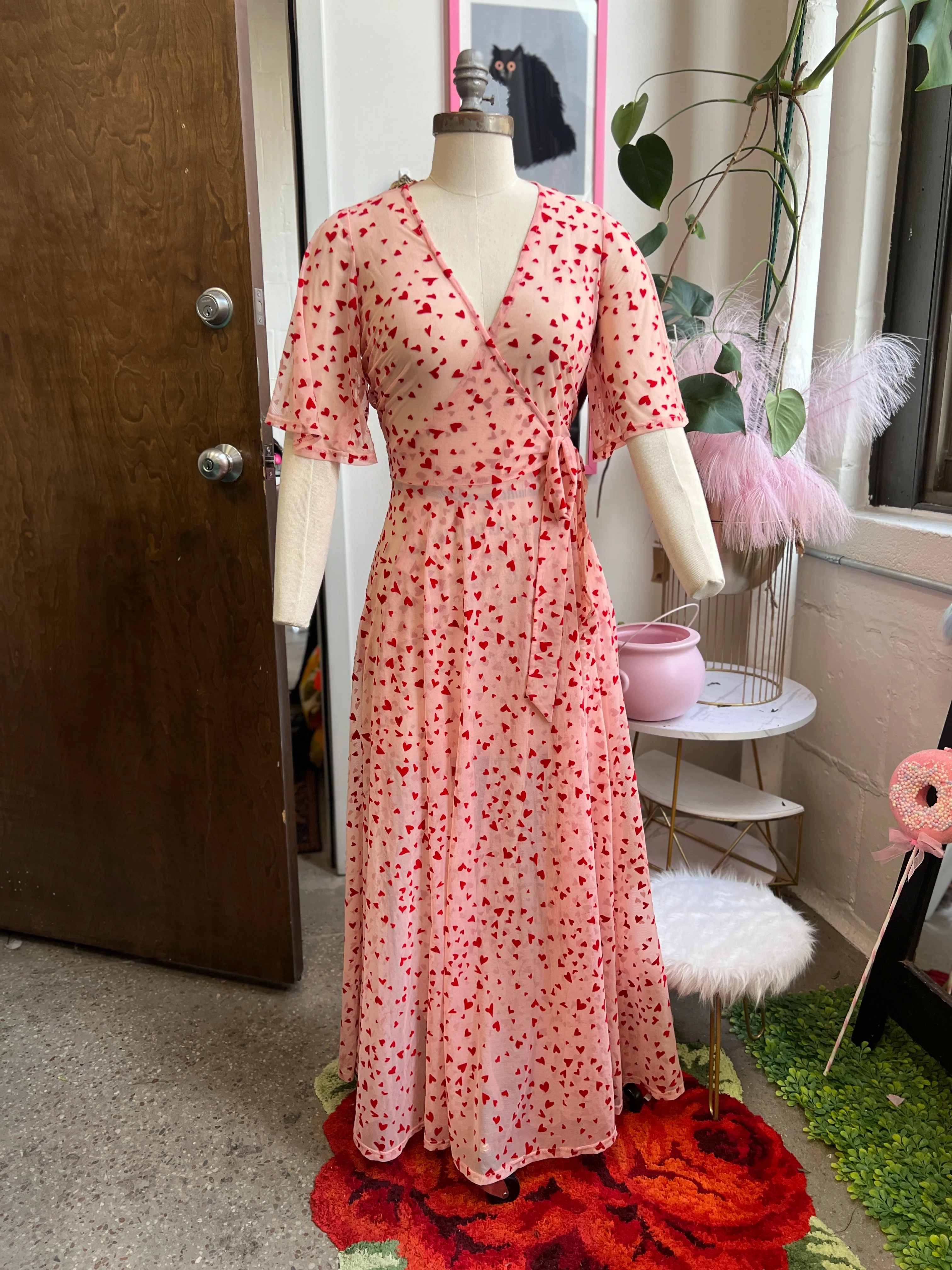 Lydia Wrap Dress in Pink Queen of Hearts flocked mesh - Image 4