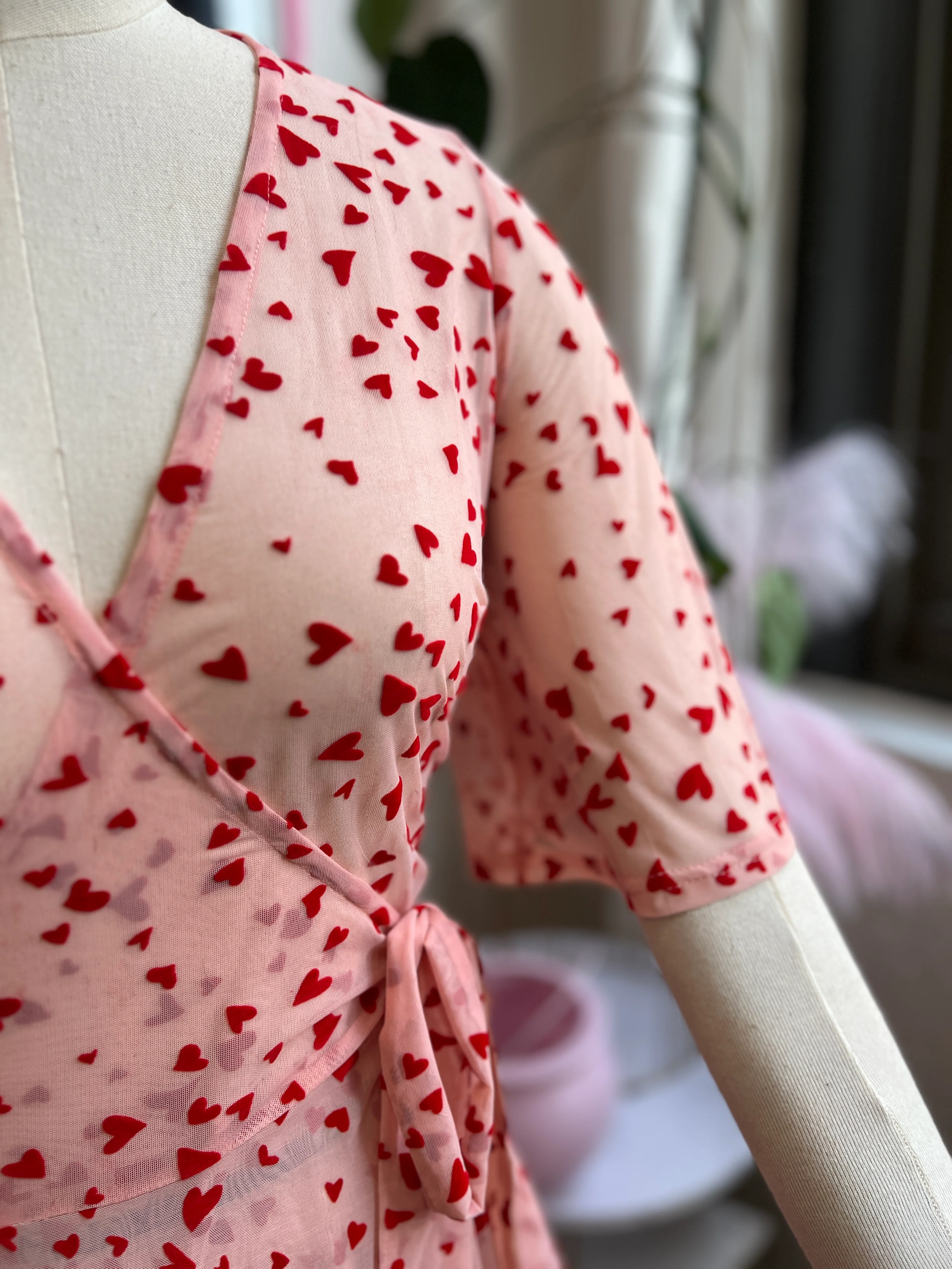 Lydia Wrap Dress in Pink Queen of Hearts flocked mesh - Image 6