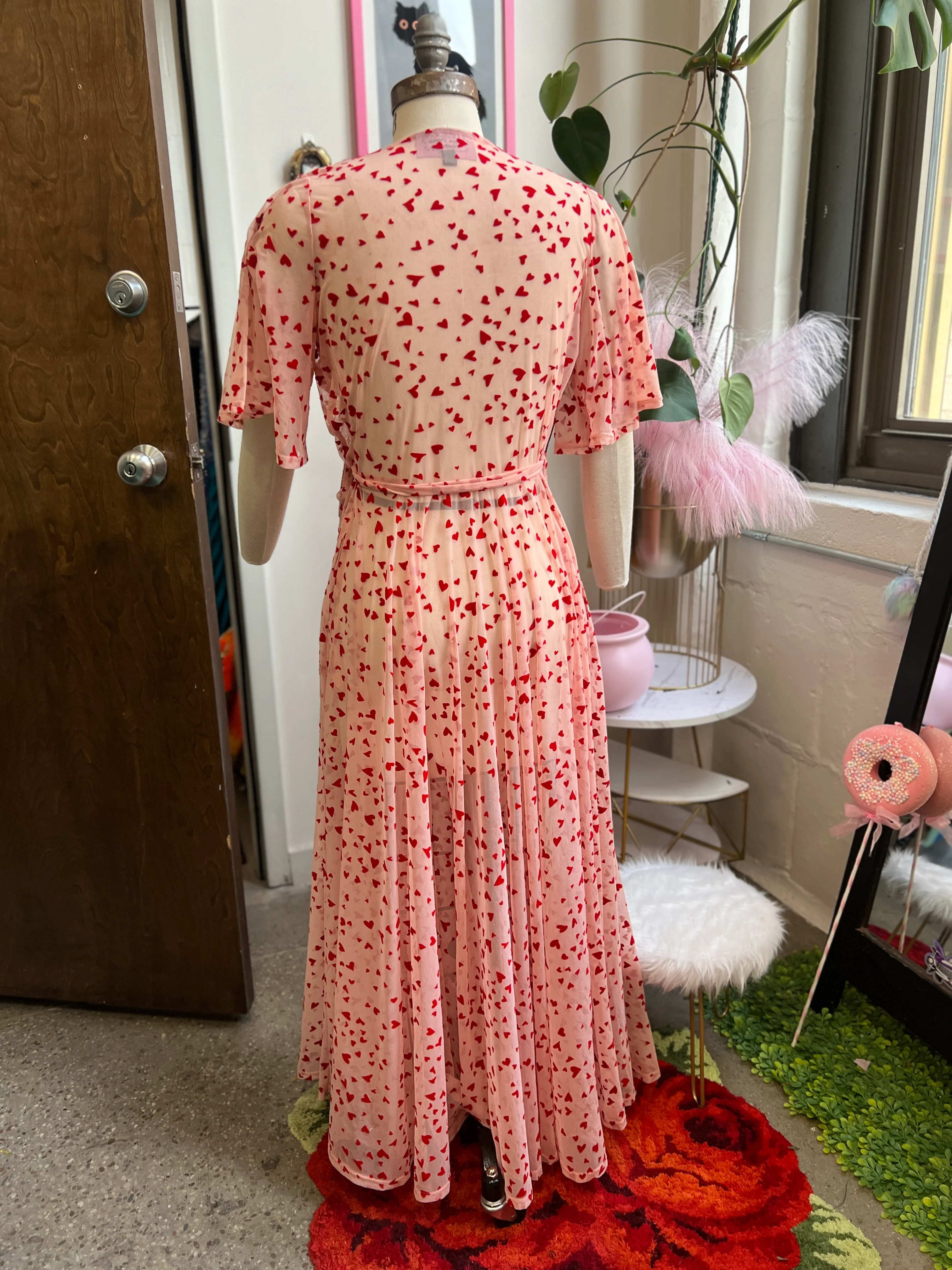 Lydia Wrap Dress in Pink Queen of Hearts flocked mesh - Image 7