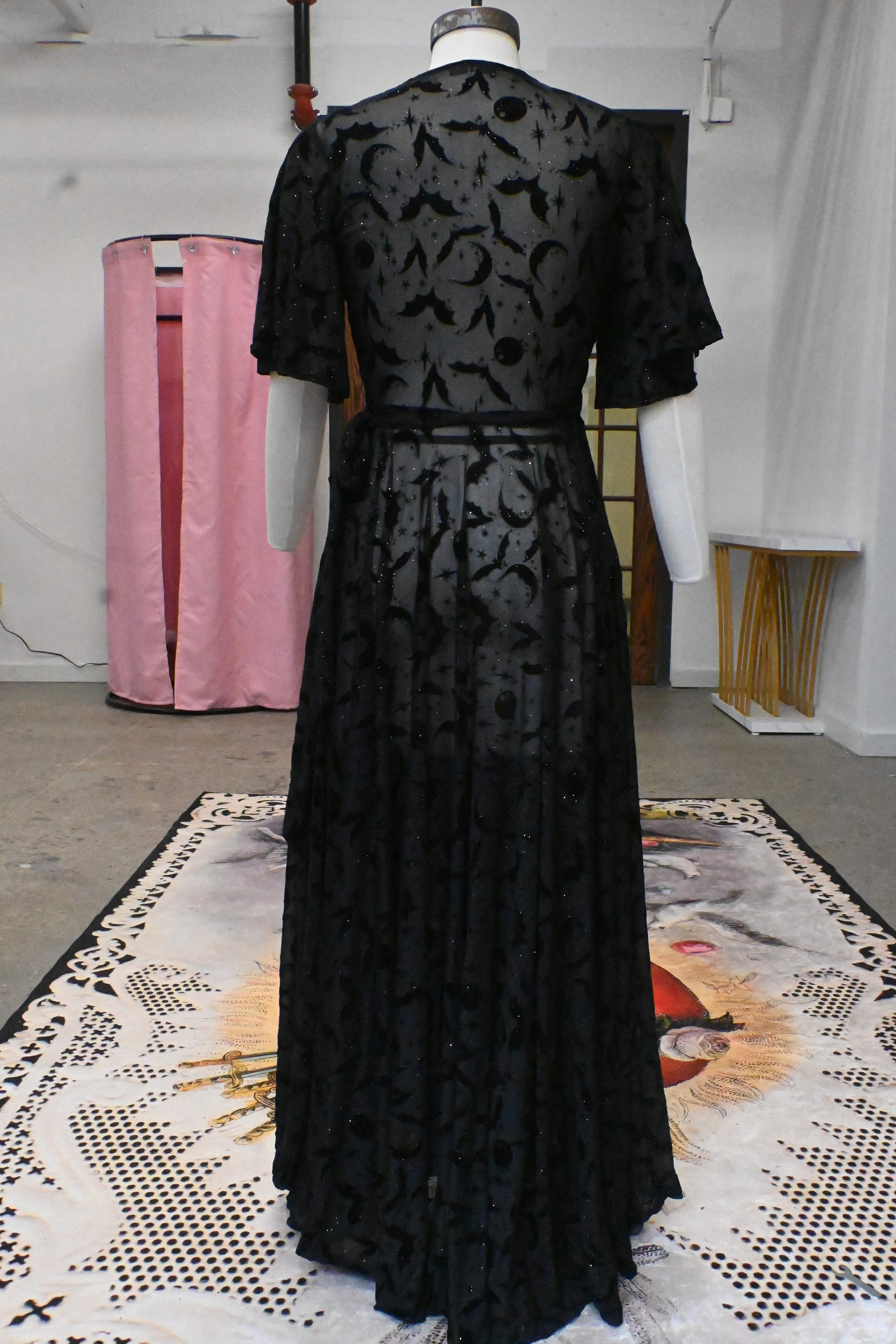 Lydia Wrap Dress in Queen of Halloween Black Flocked Mesh - Image 4