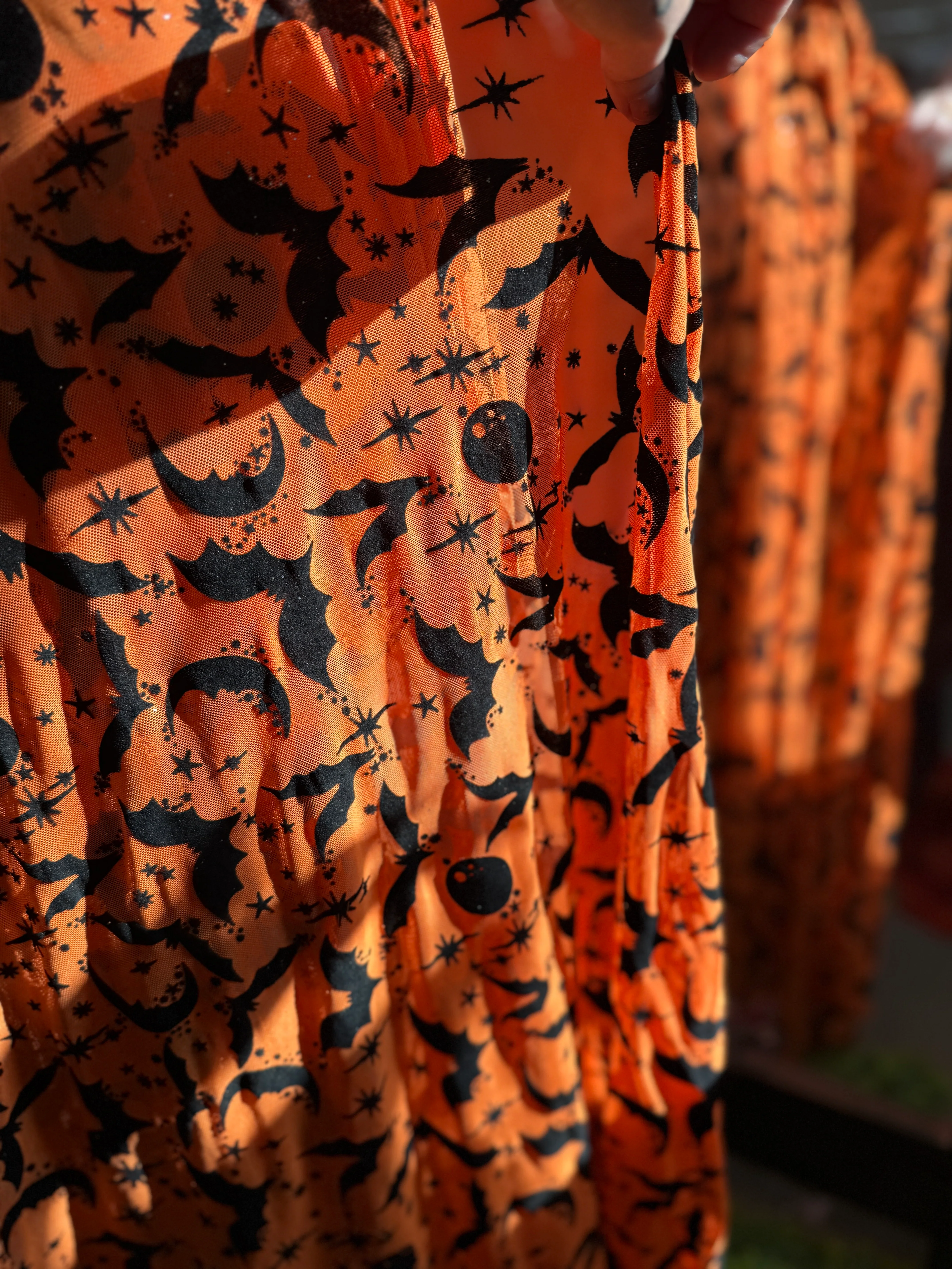 Lydia Wrap Dress in Queen of Halloween Orange Flocked Mesh - Image 2