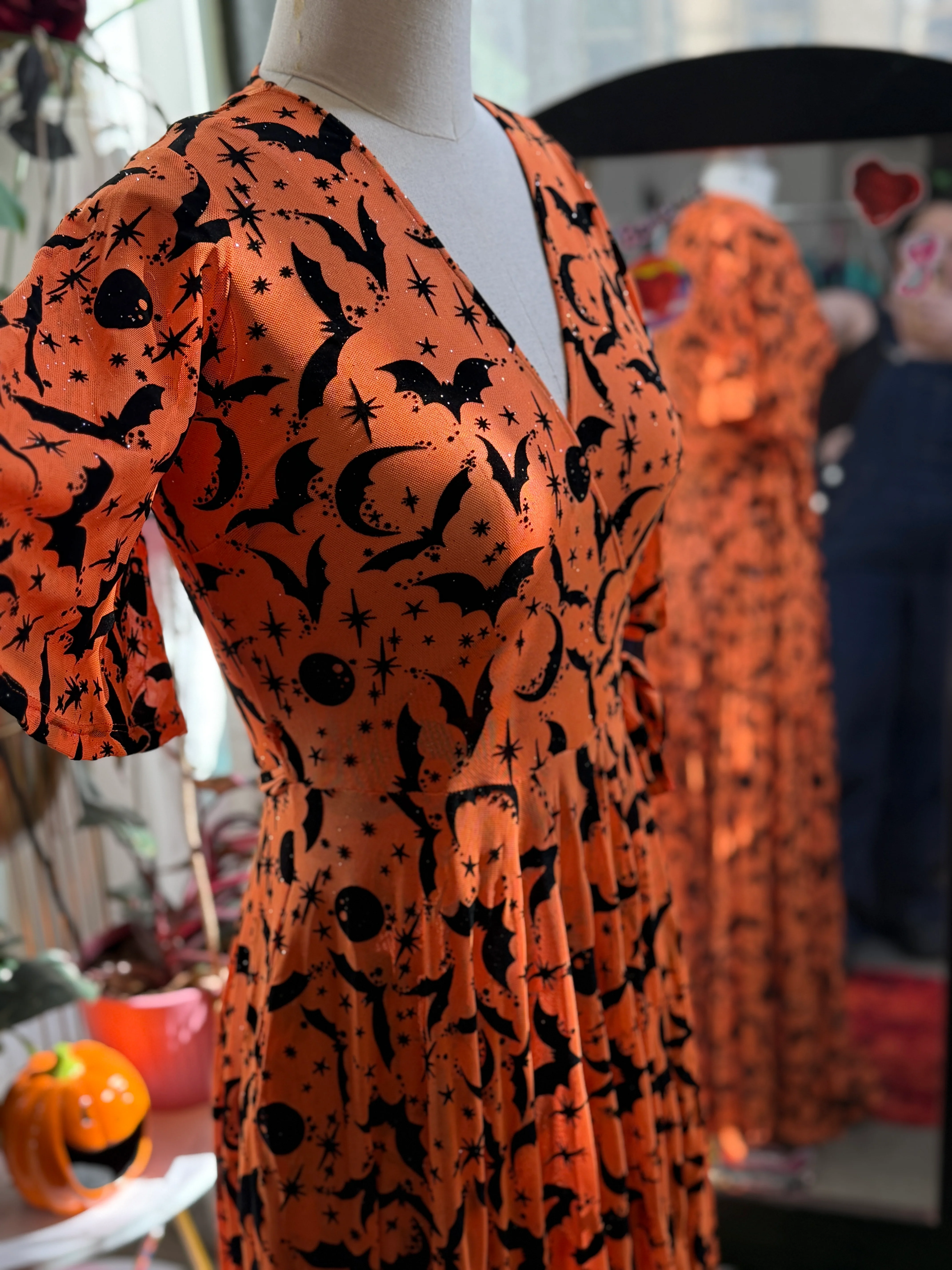 Lydia Wrap Dress in Queen of Halloween Orange Flocked Mesh - Image 3