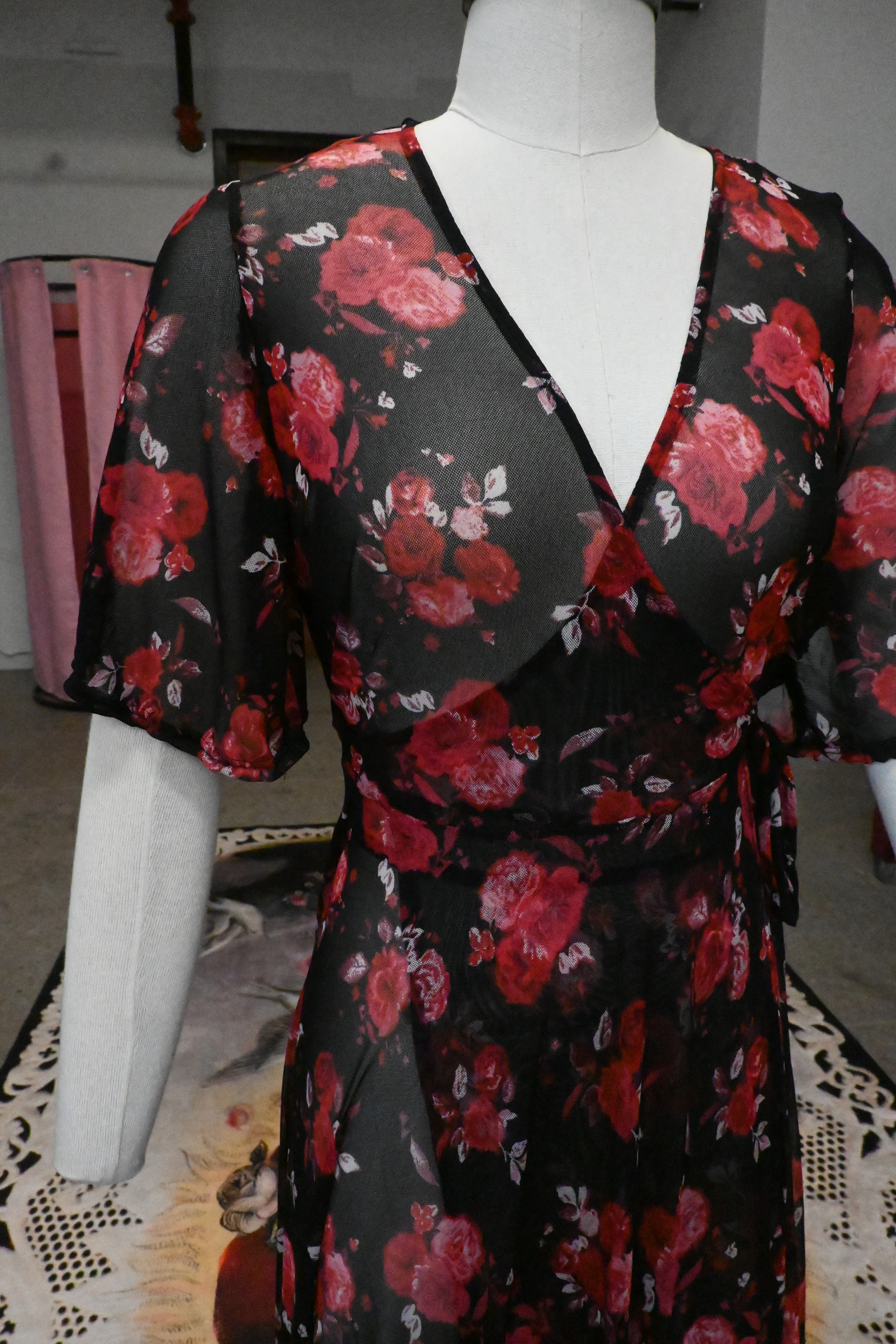 Lydia Wrap Dress in Rose Cluster Mesh - Image 3