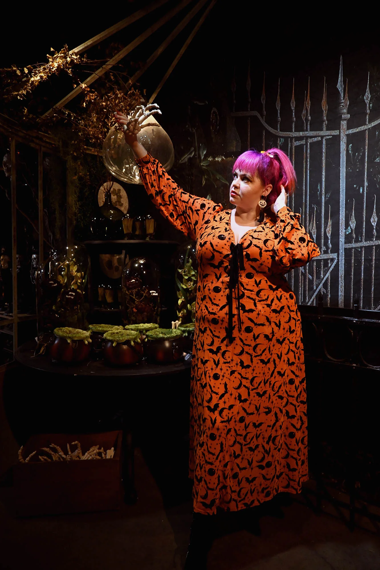 Penny Maxi Dress in Orange Sparkle Queen of Halloween Flocked Mesh - Image 2