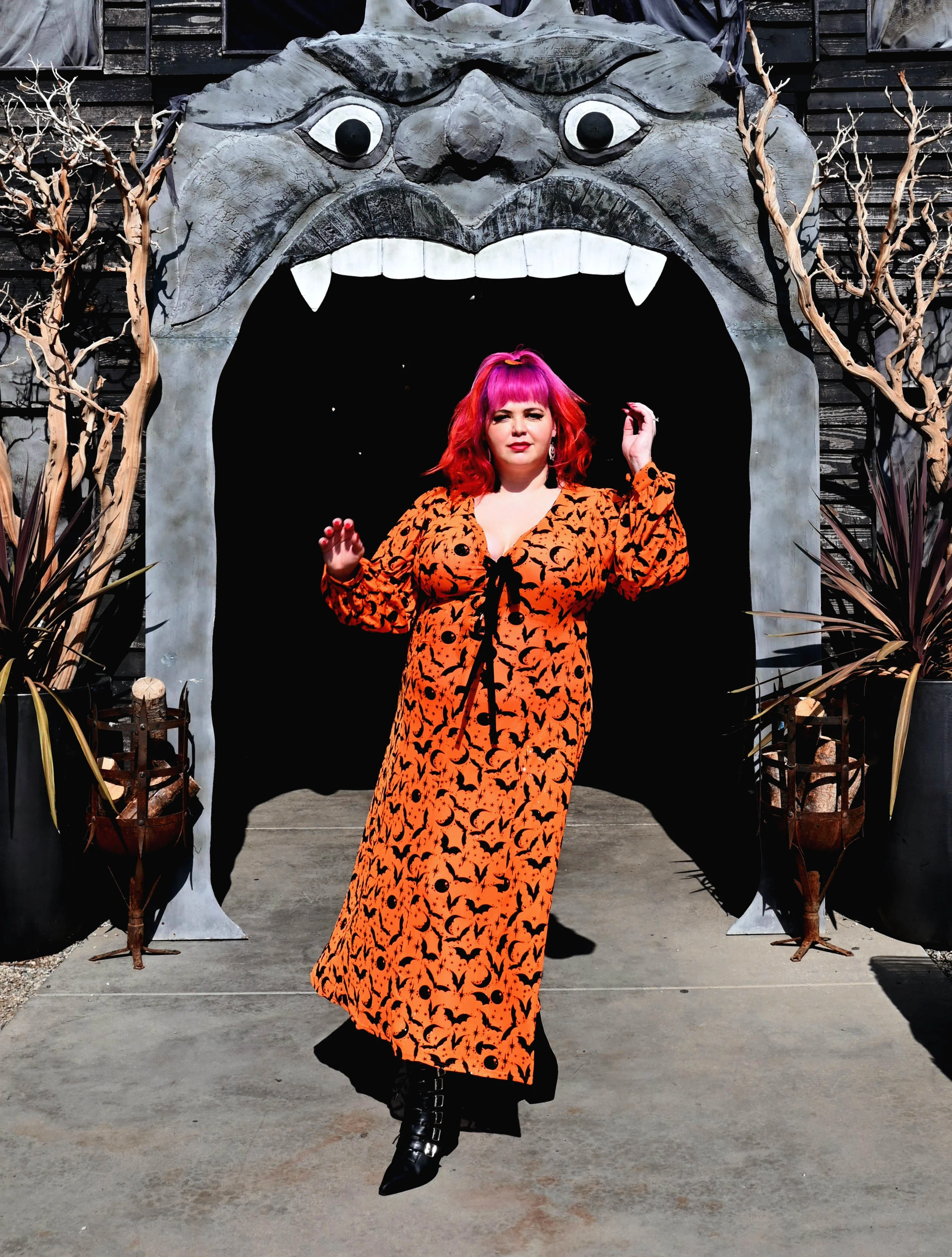 Penny Maxi Dress in Orange Sparkle Queen of Halloween Flocked Mesh - Image 3