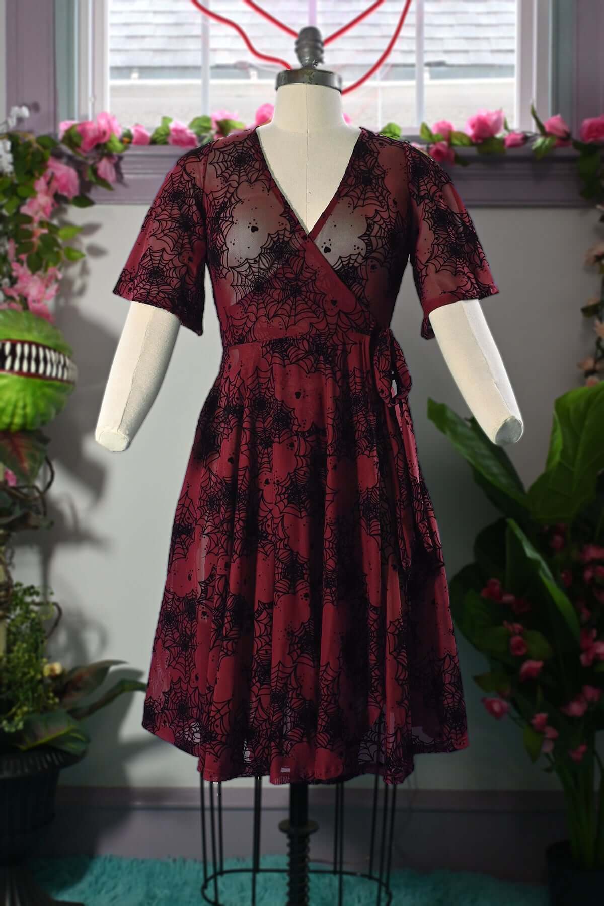 Aurora Wrap dress in Flocked Spiderweb Oxblood Mesh - Image 2