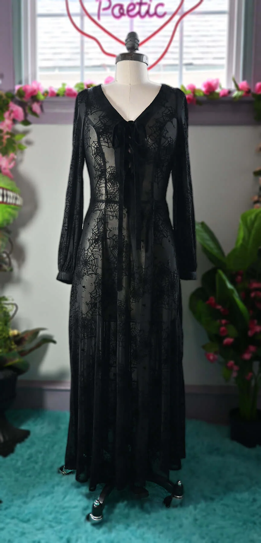 Black Penny Maxi dress with Flocked Spiderwebs - Image 3