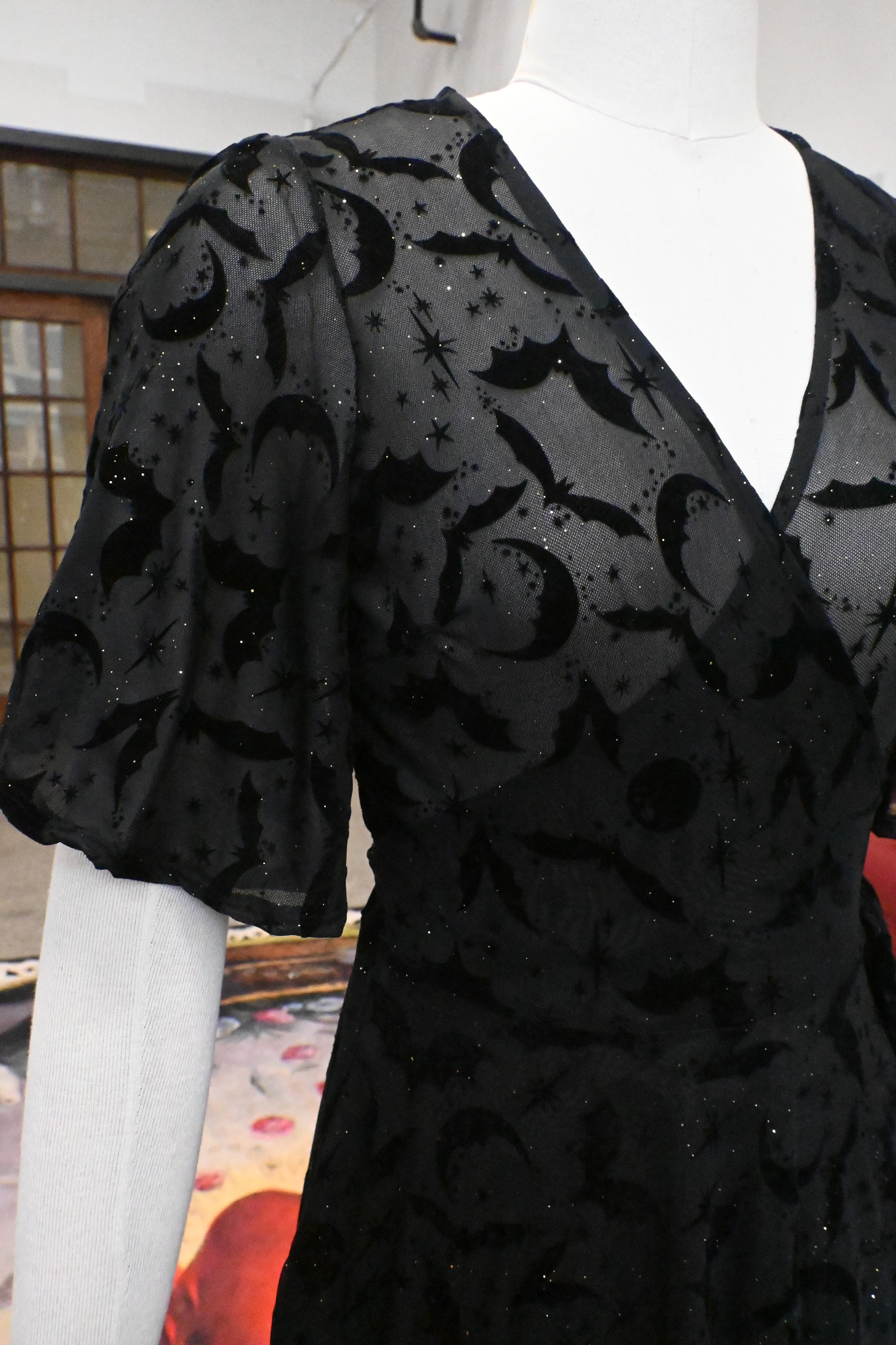 Lydia Wrap Dress in Queen of Halloween Black Flocked Mesh - Image 3