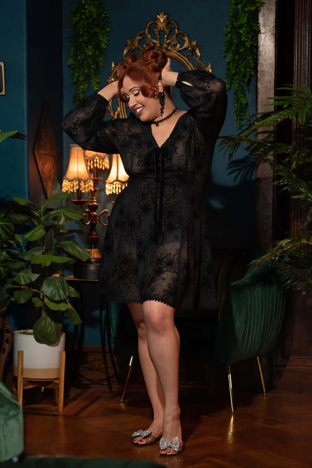 Black Spiderwebs Flocked Mesh Penny Mini Dress - Image 3