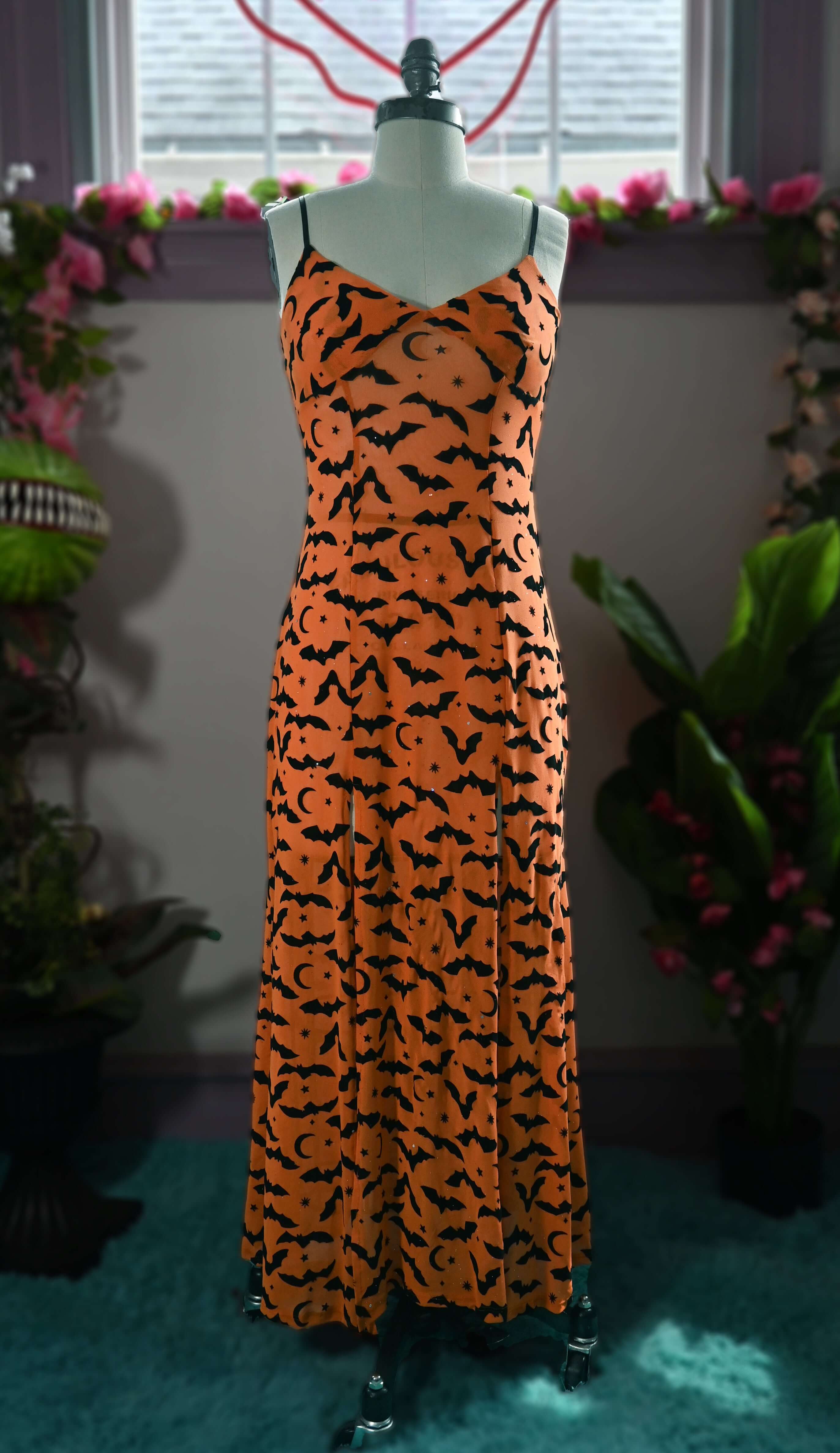 Lily Slip Dress in Orange Queen of Halloween Flocked Sparkle Mesh - Image 3