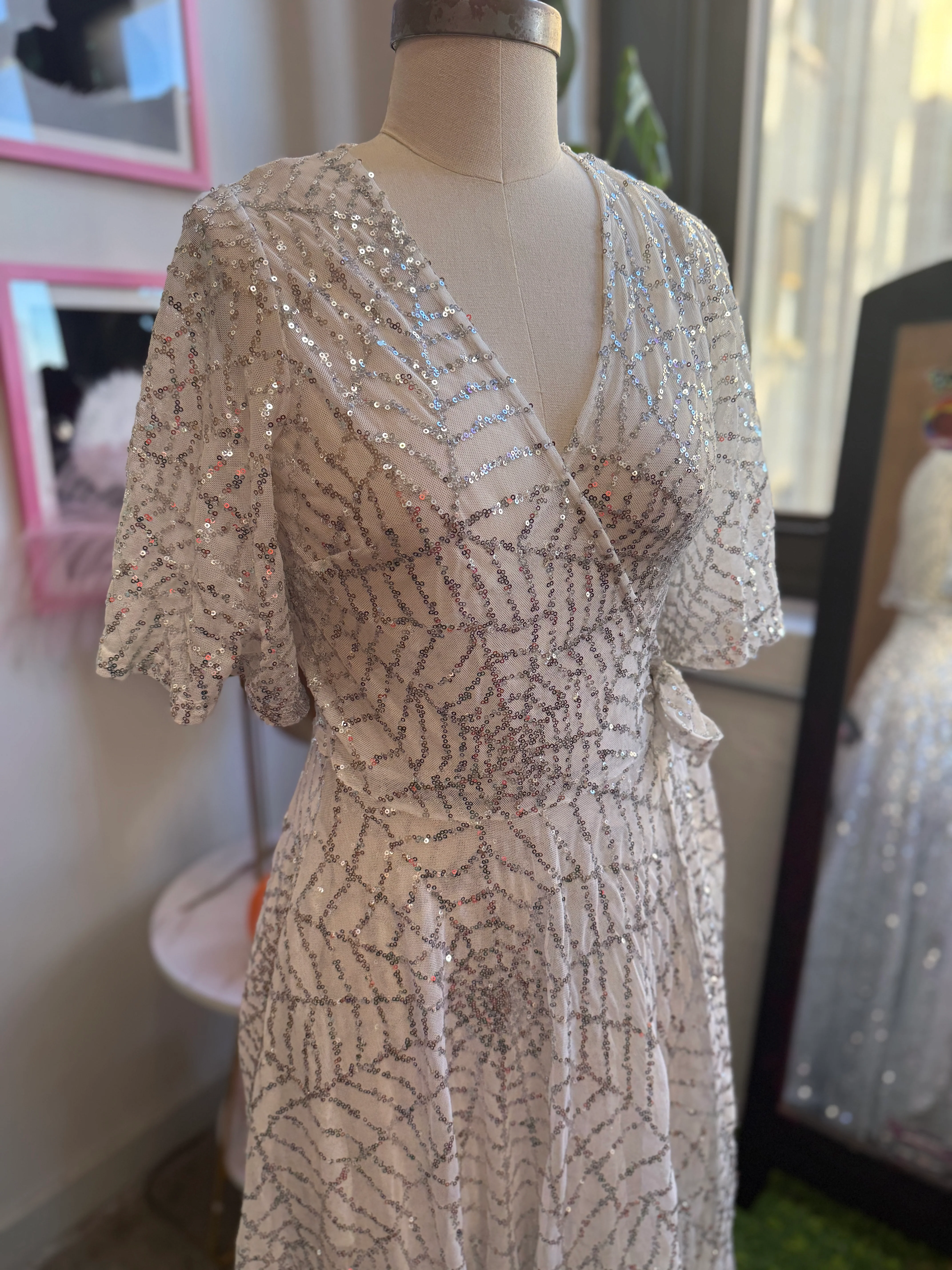 *PRE ORDER* Lydia Wrap Dress in White and Silver Sequin Spiderwebs - Image 4