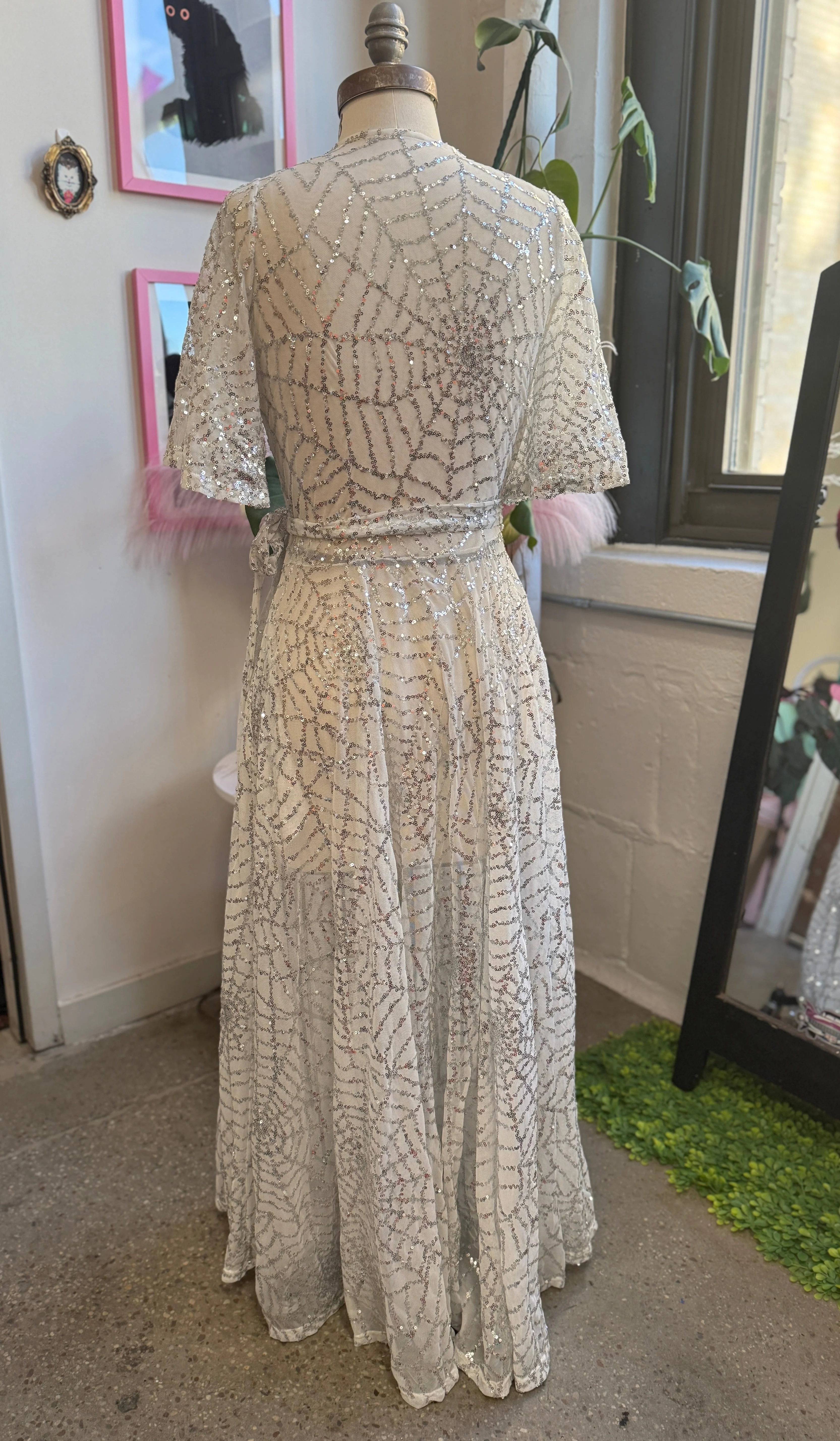 *PRE ORDER* Lydia Wrap Dress in White and Silver Sequin Spiderwebs - Image 5