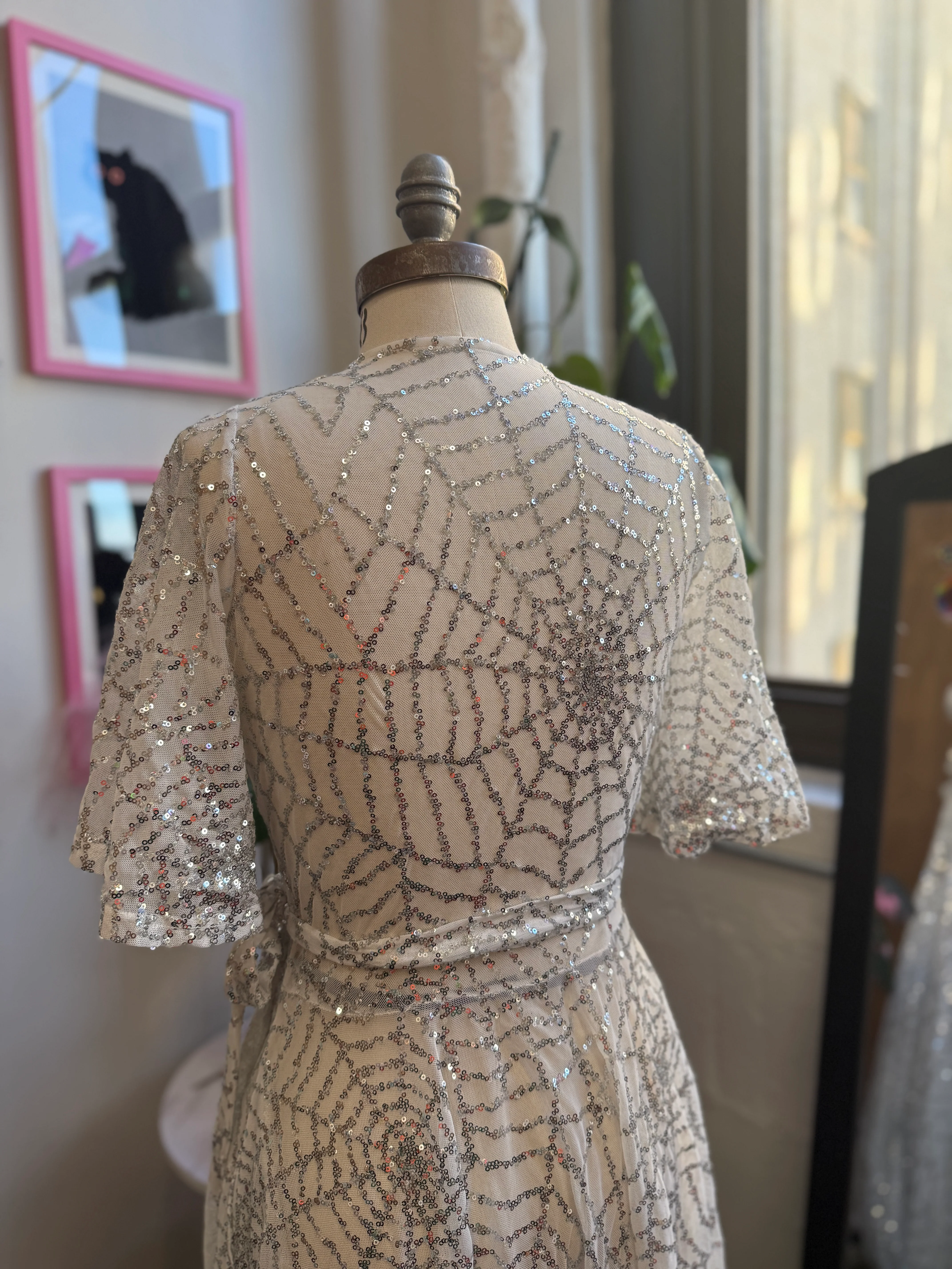 *PRE ORDER* Lydia Wrap Dress in White and Silver Sequin Spiderwebs - Image 6
