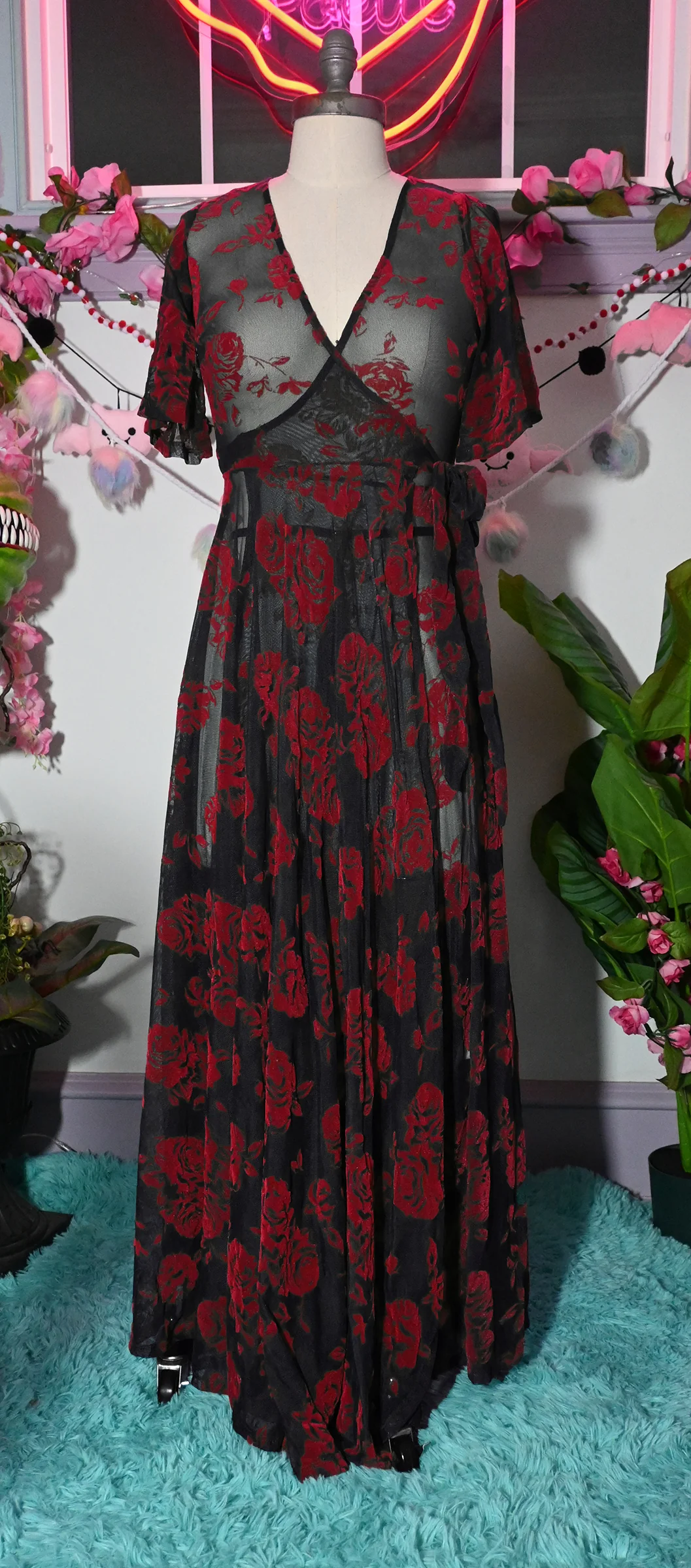 Lydia Wrap Dress in Flocked Red Rose on Black Mesh - Image 3