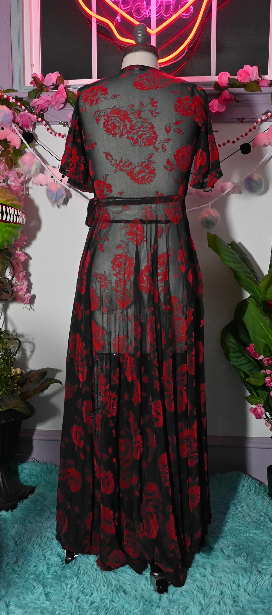Lydia Wrap Dress in Flocked Red Rose on Black Mesh - Image 4