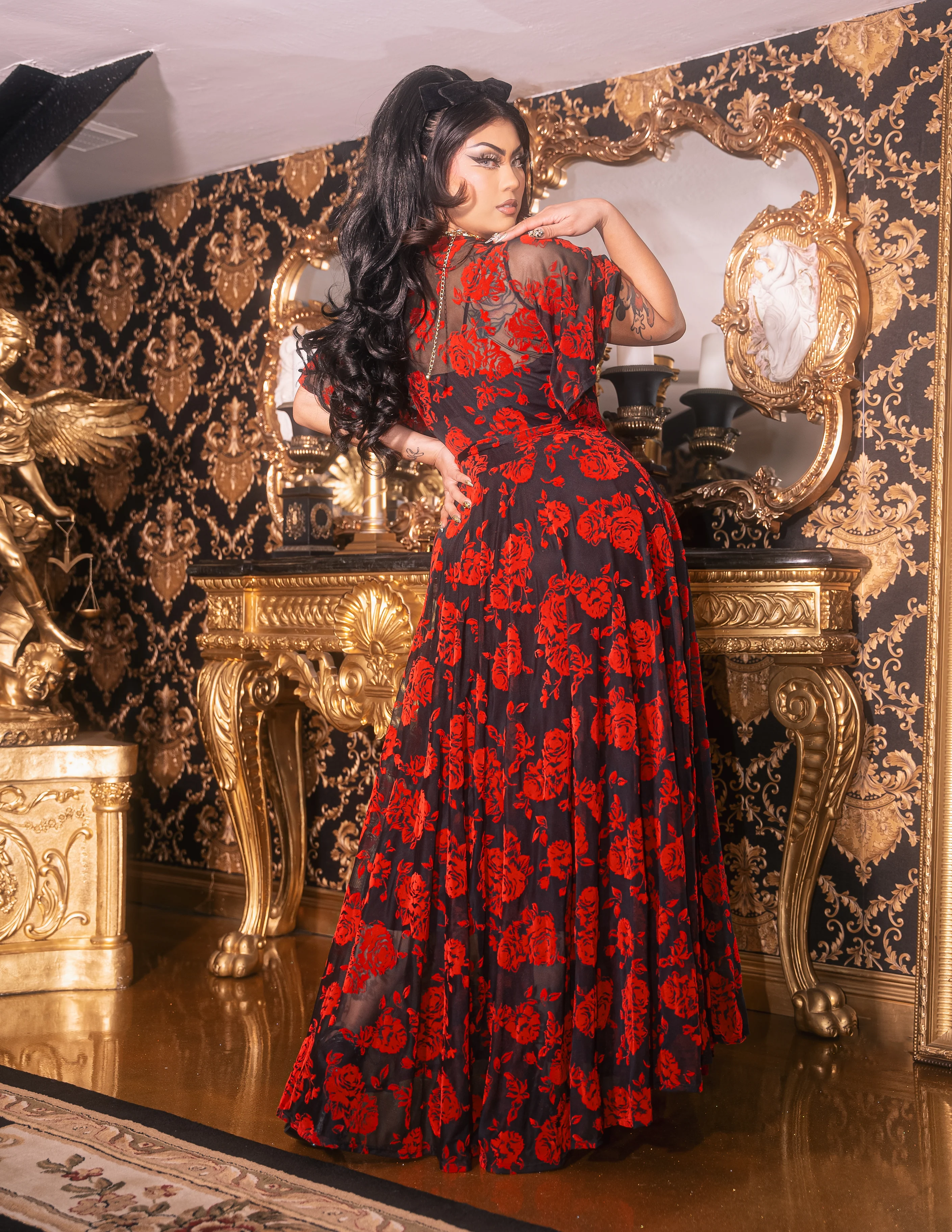 Lydia Wrap Dress in Flocked Red Rose on Black Mesh - Image 5