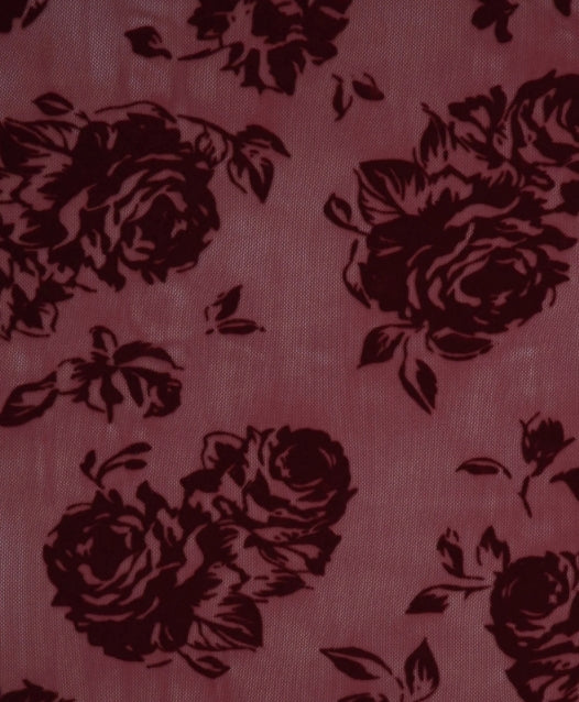 Lydia Wrap Dress in Flocked Rose Burgundy Mesh - Image 2