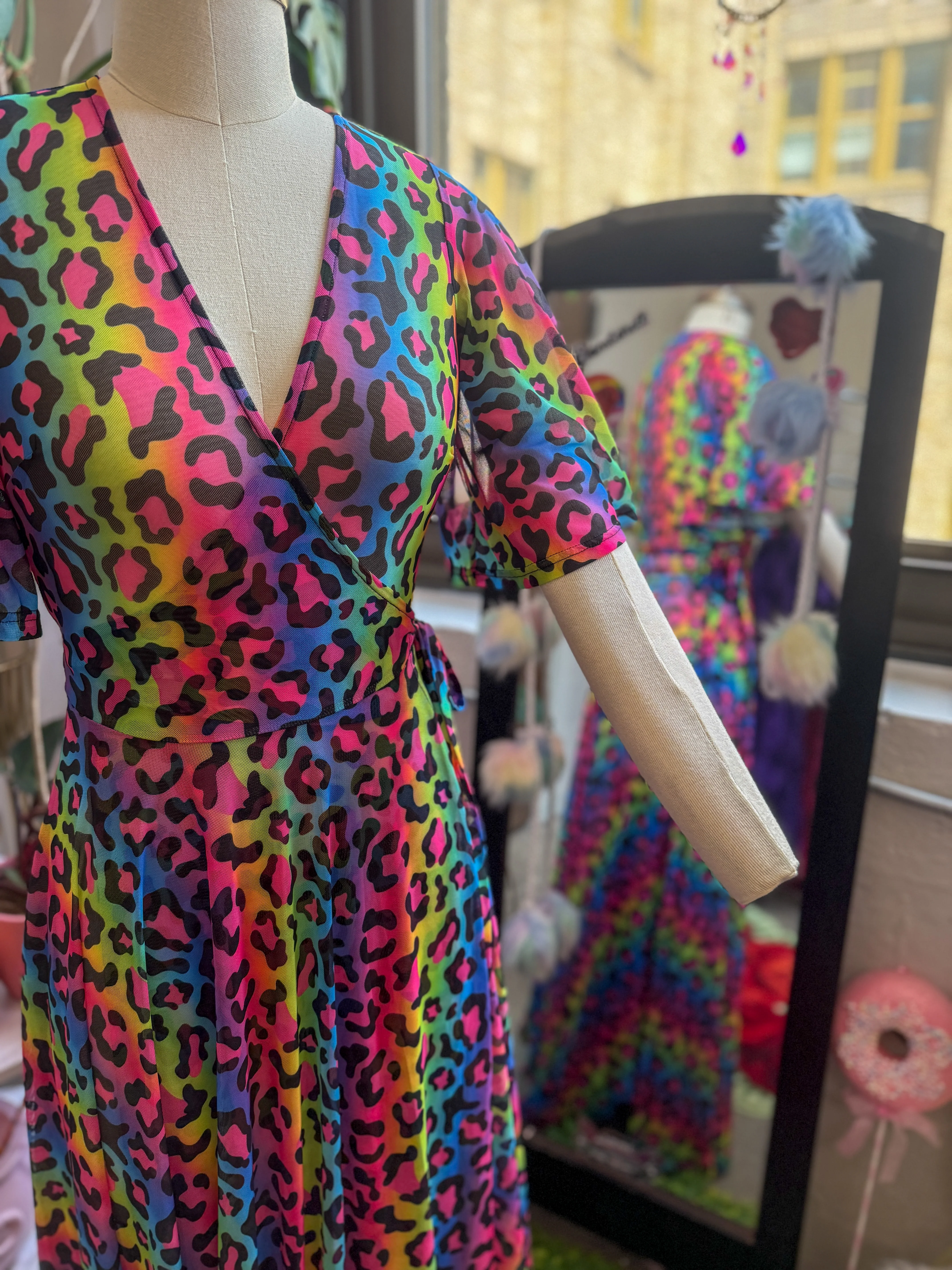 *PRE ORDER* Lydia Wrap Dress in Rainbow Leopard Mesh - Image 3