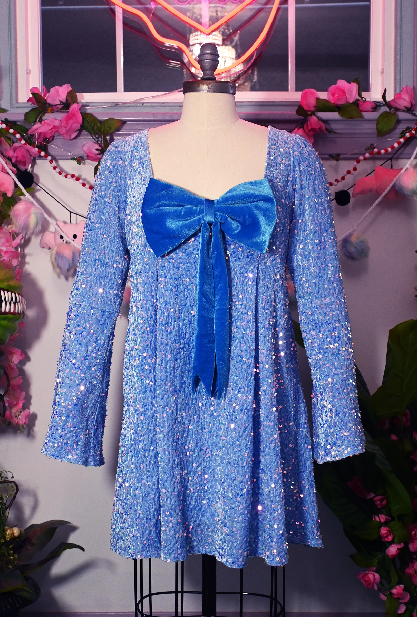 Priscilla 60's Bell Sleeve Sequin Velvet Mini Dress in Periwinkle Blue - Image 2
