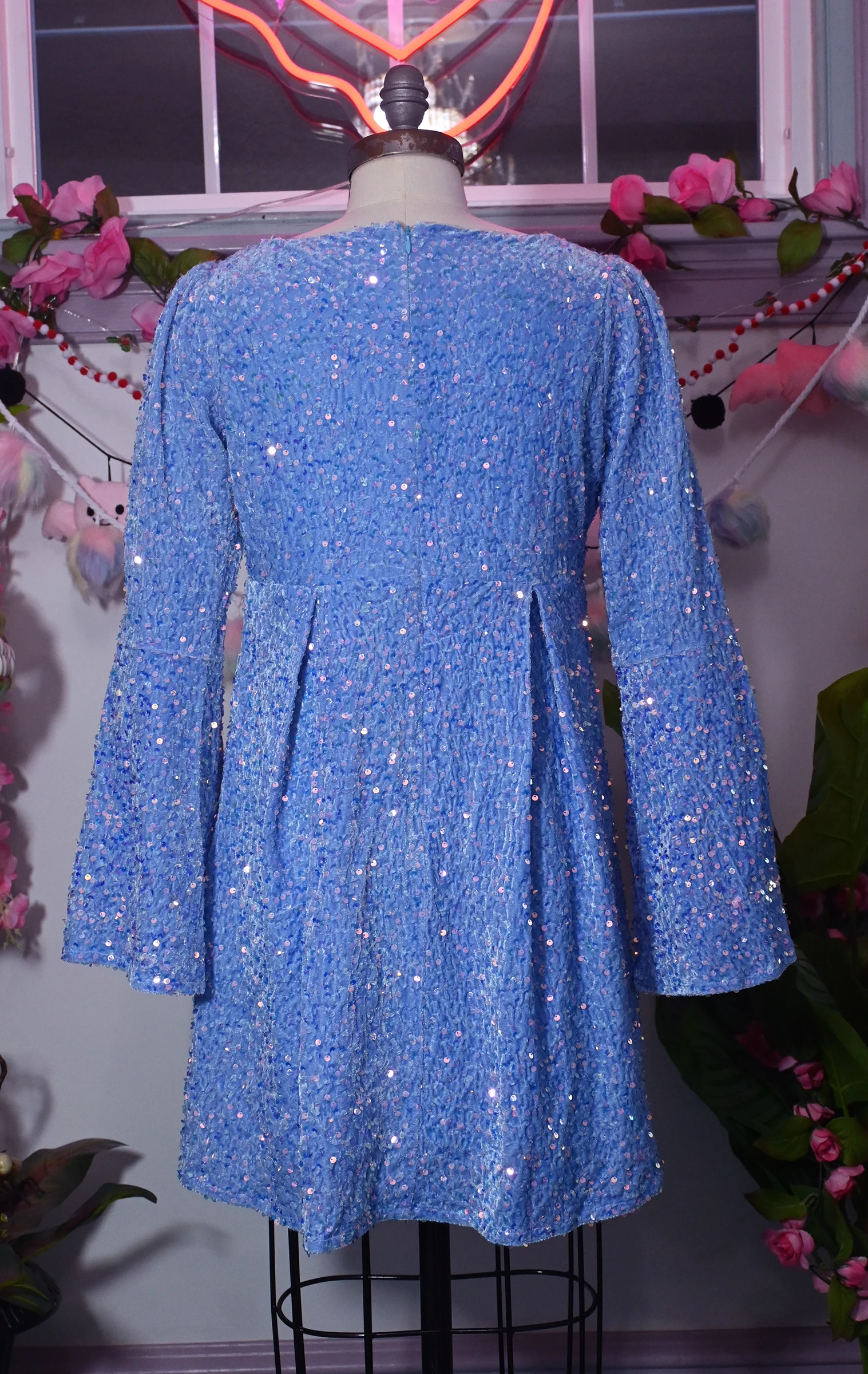 Priscilla 60's Bell Sleeve Sequin Velvet Mini Dress in Periwinkle Blue - Image 3