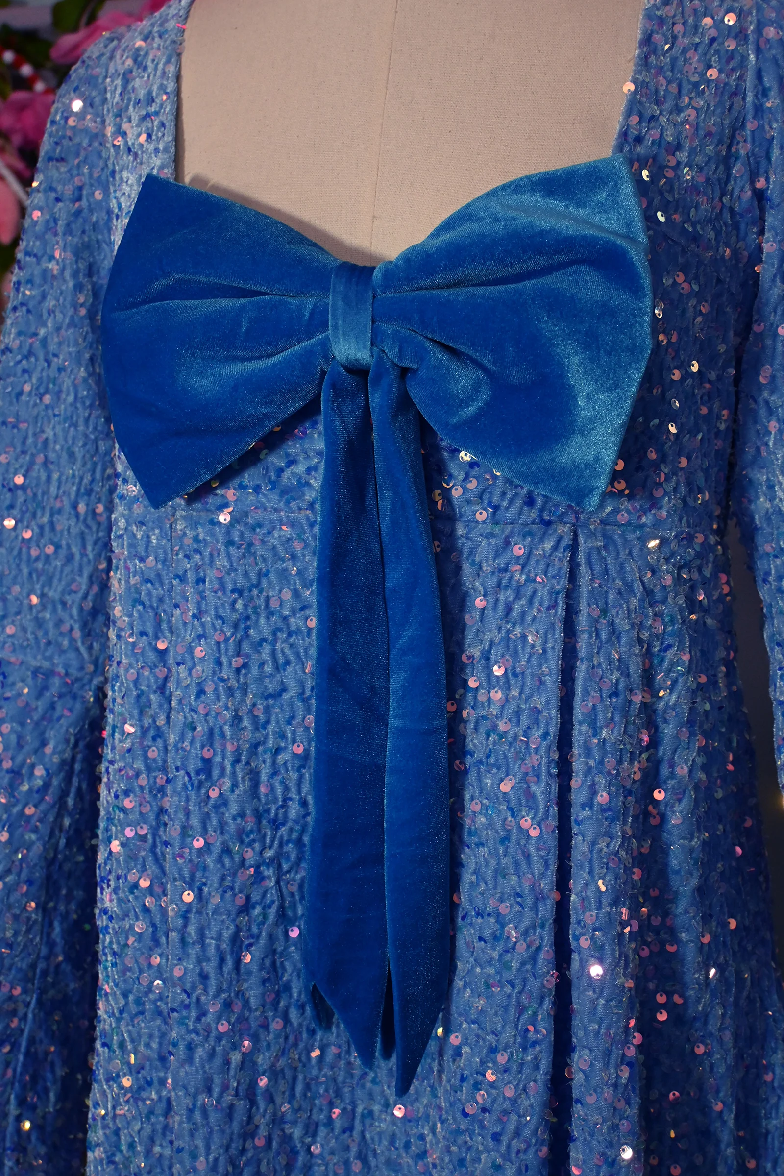 Priscilla 60's Bell Sleeve Sequin Velvet Mini Dress in Periwinkle Blue - Image 4