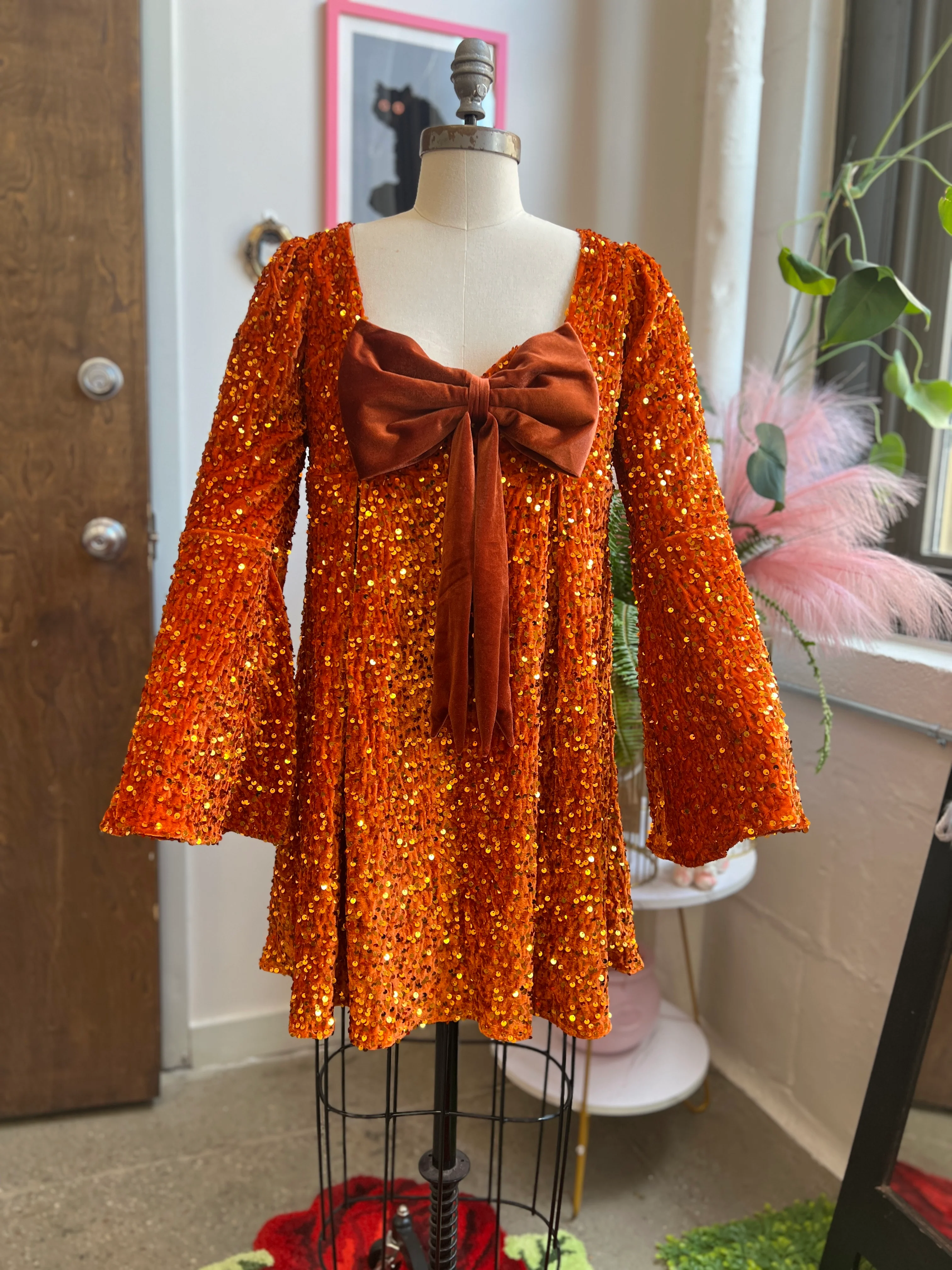 Priscilla 60's Mini Dress in Pumpkin Orange Sequin Velvet - Image 2