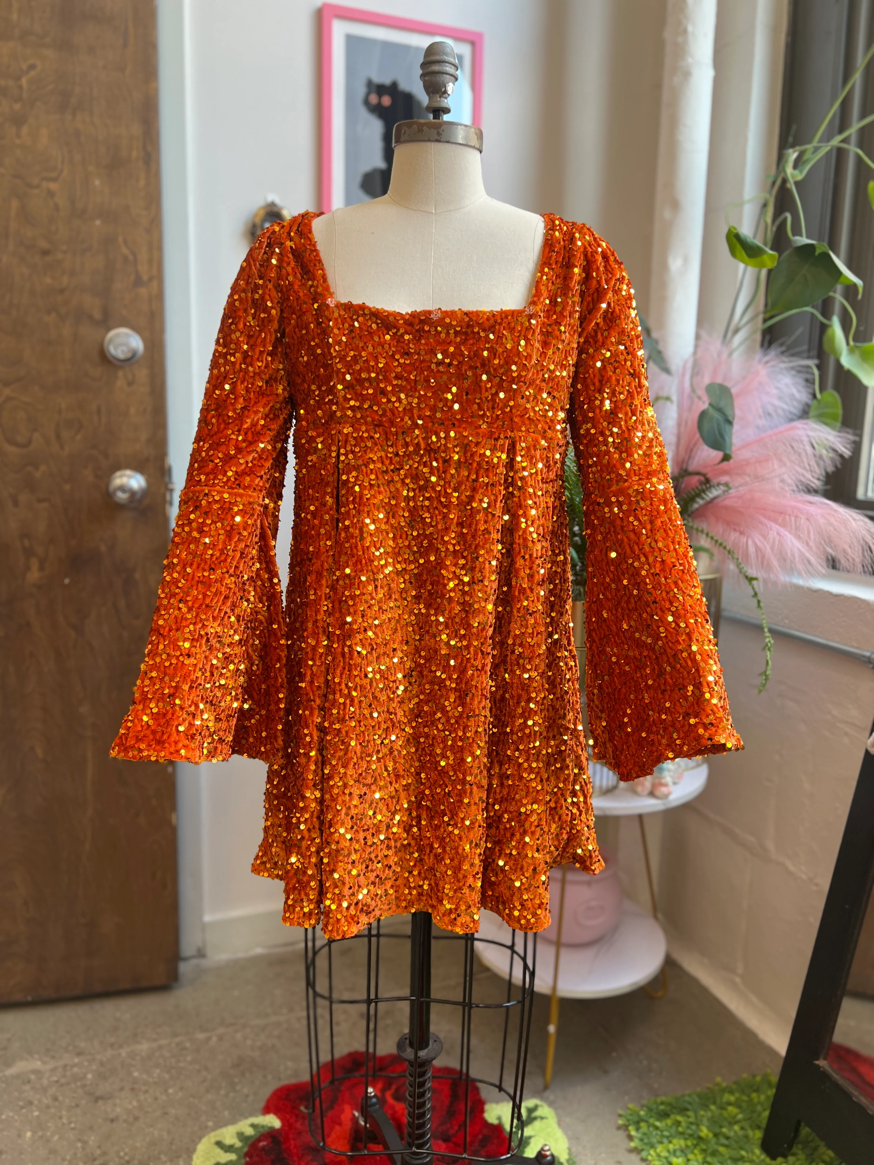 Priscilla 60's Mini Dress in Pumpkin Orange Sequin Velvet - Image 3