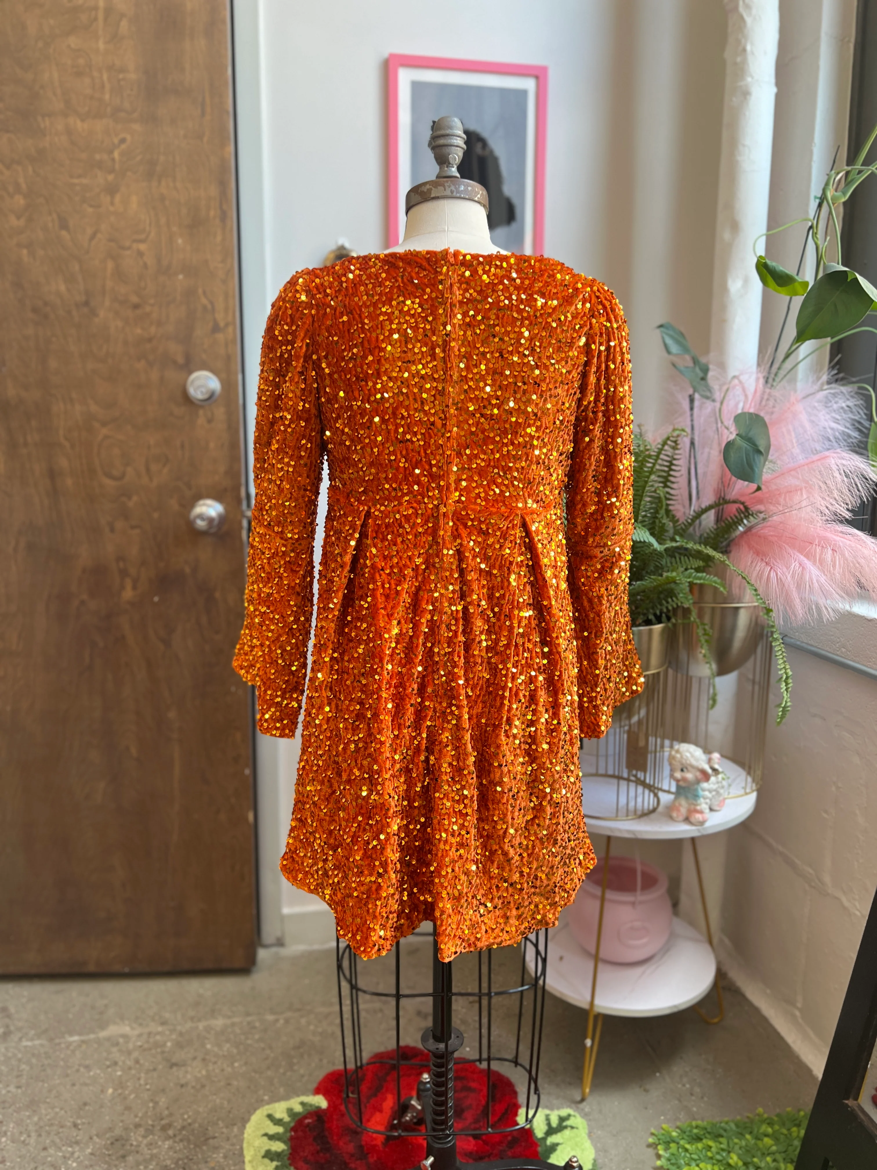 Priscilla 60's Mini Dress in Pumpkin Orange Sequin Velvet - Image 4